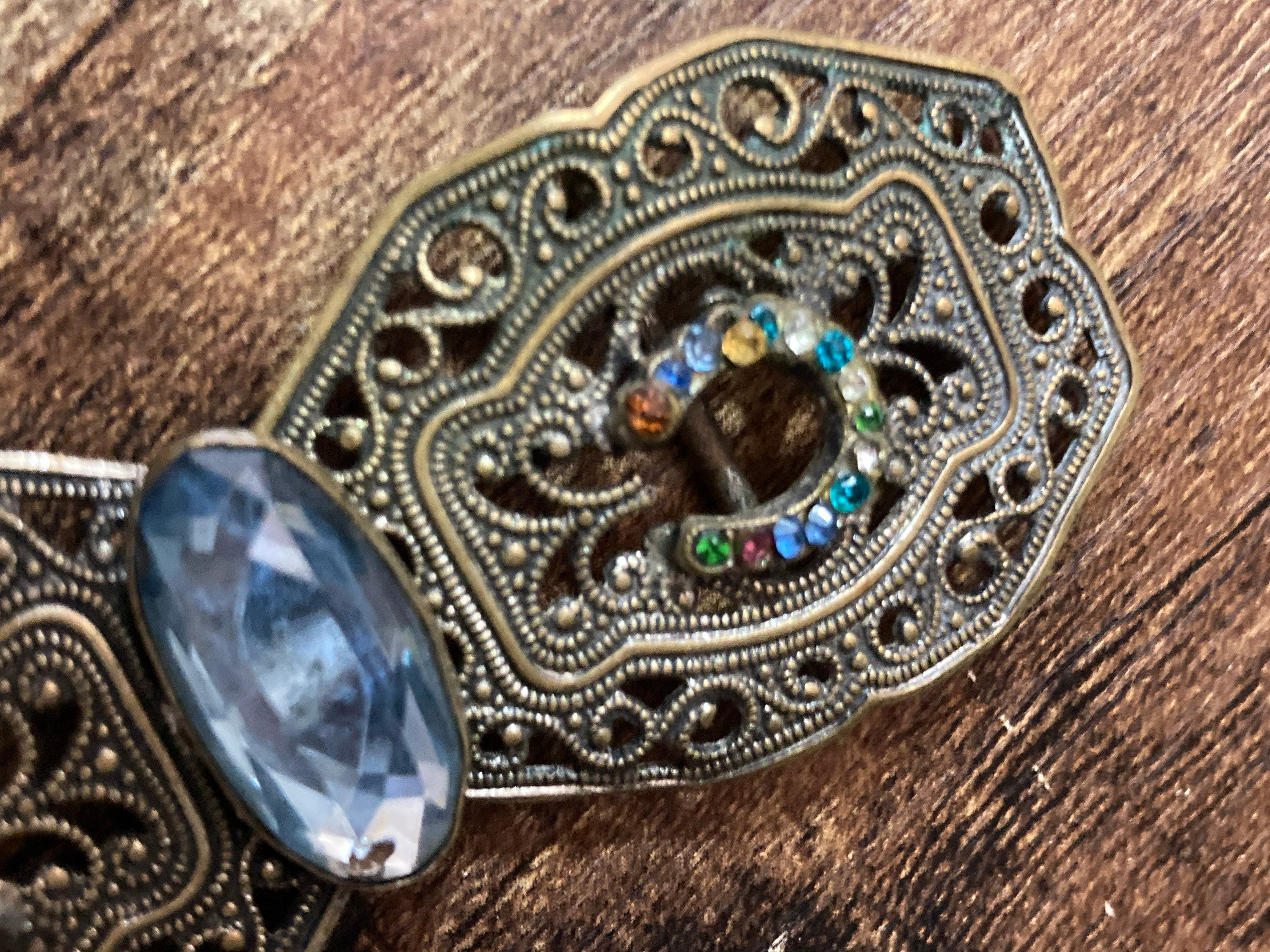 2 part sapphire blue paste diamanté belt buckle Czech brass filigree Art deco