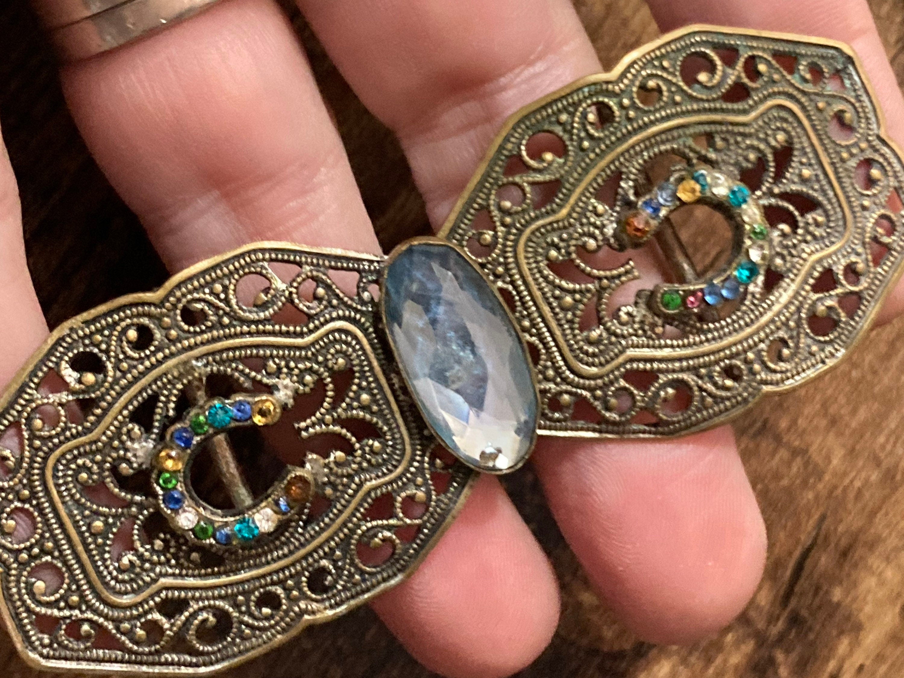 2 part sapphire blue paste diamanté belt buckle Czech brass filigree Art deco