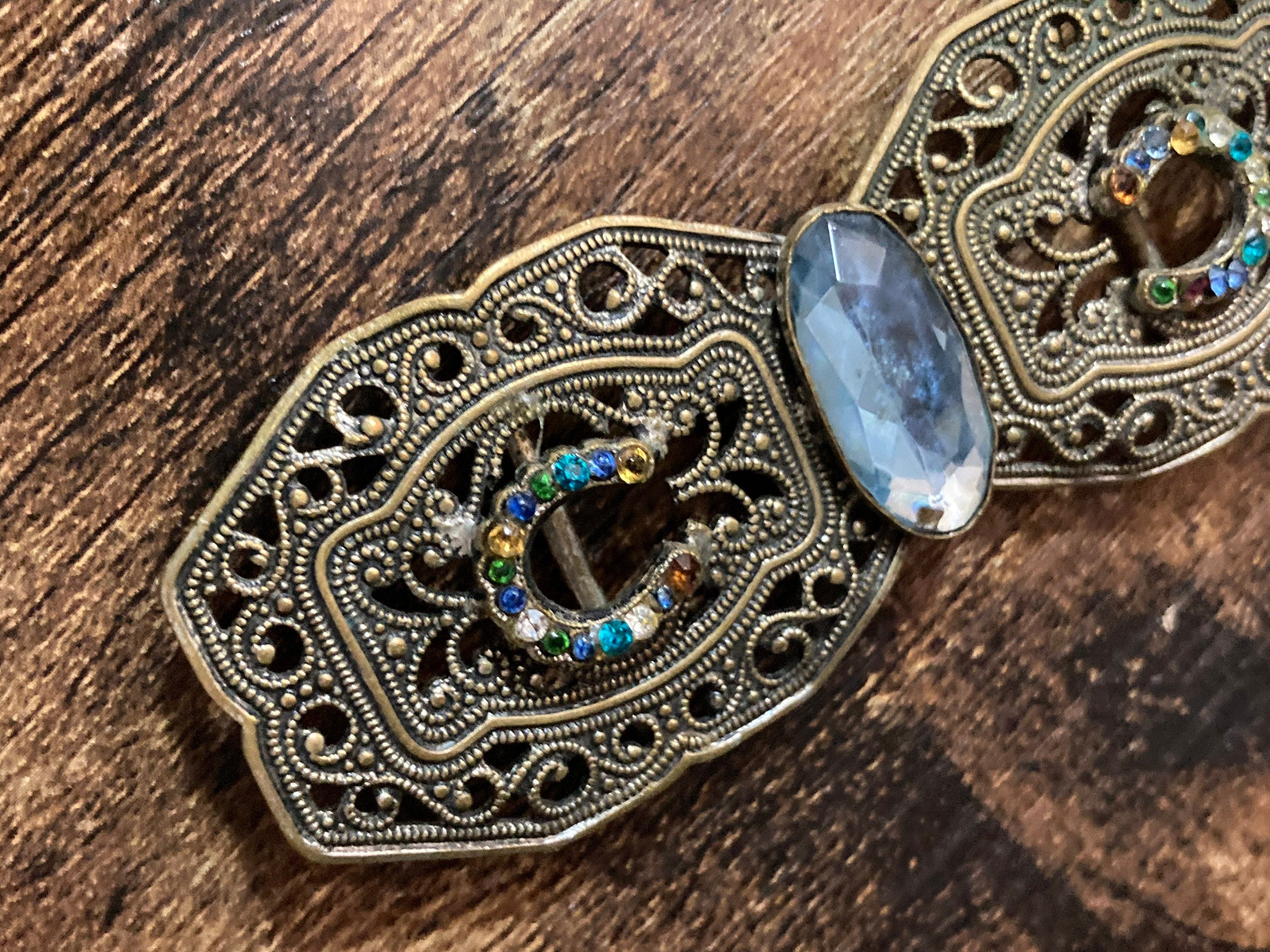 2 part sapphire blue paste diamanté belt buckle Czech brass filigree Art deco