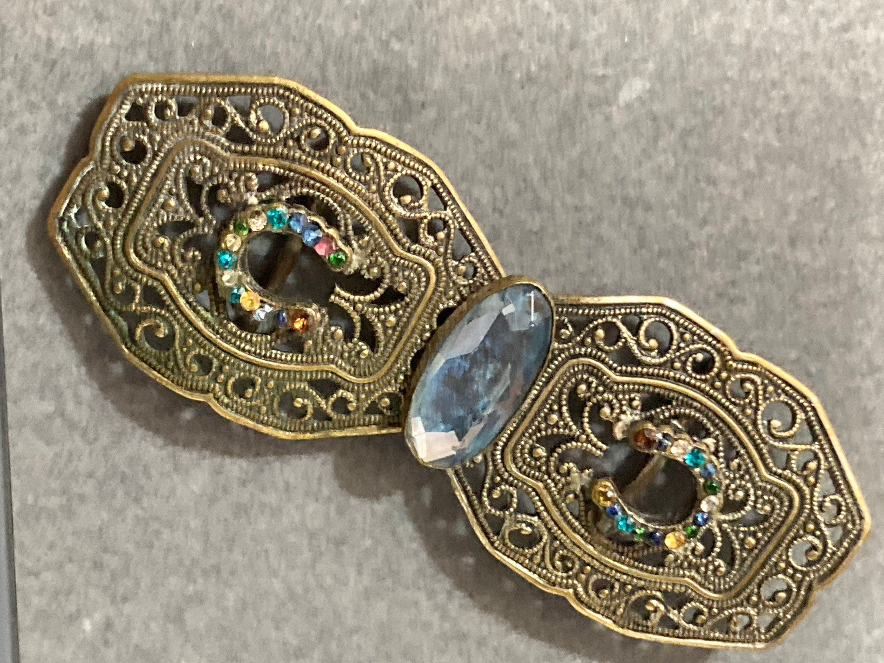 2 part sapphire blue paste diamanté belt buckle Czech brass filigree Art deco