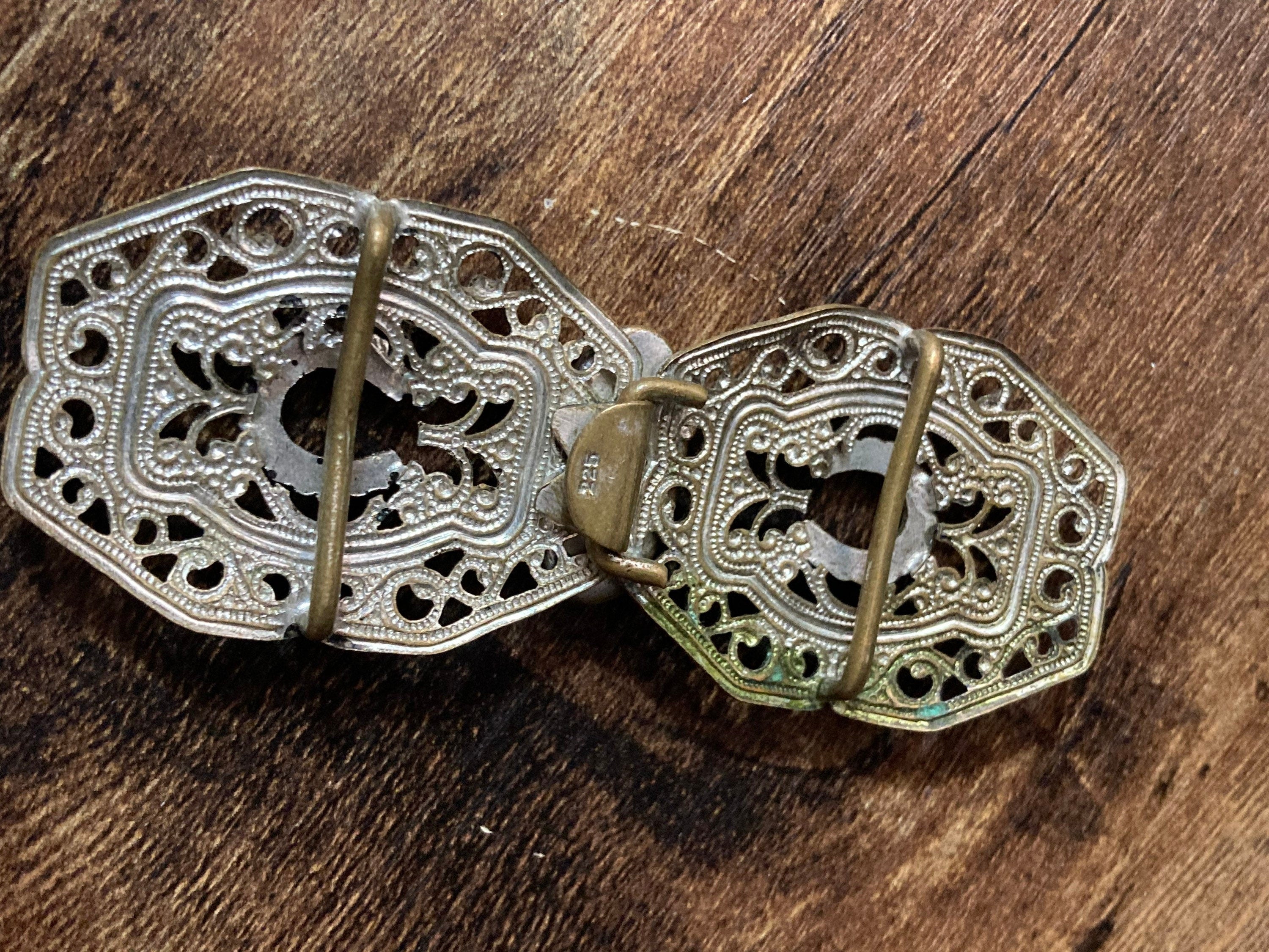 2 part sapphire blue paste diamanté belt buckle Czech brass filigree Art deco