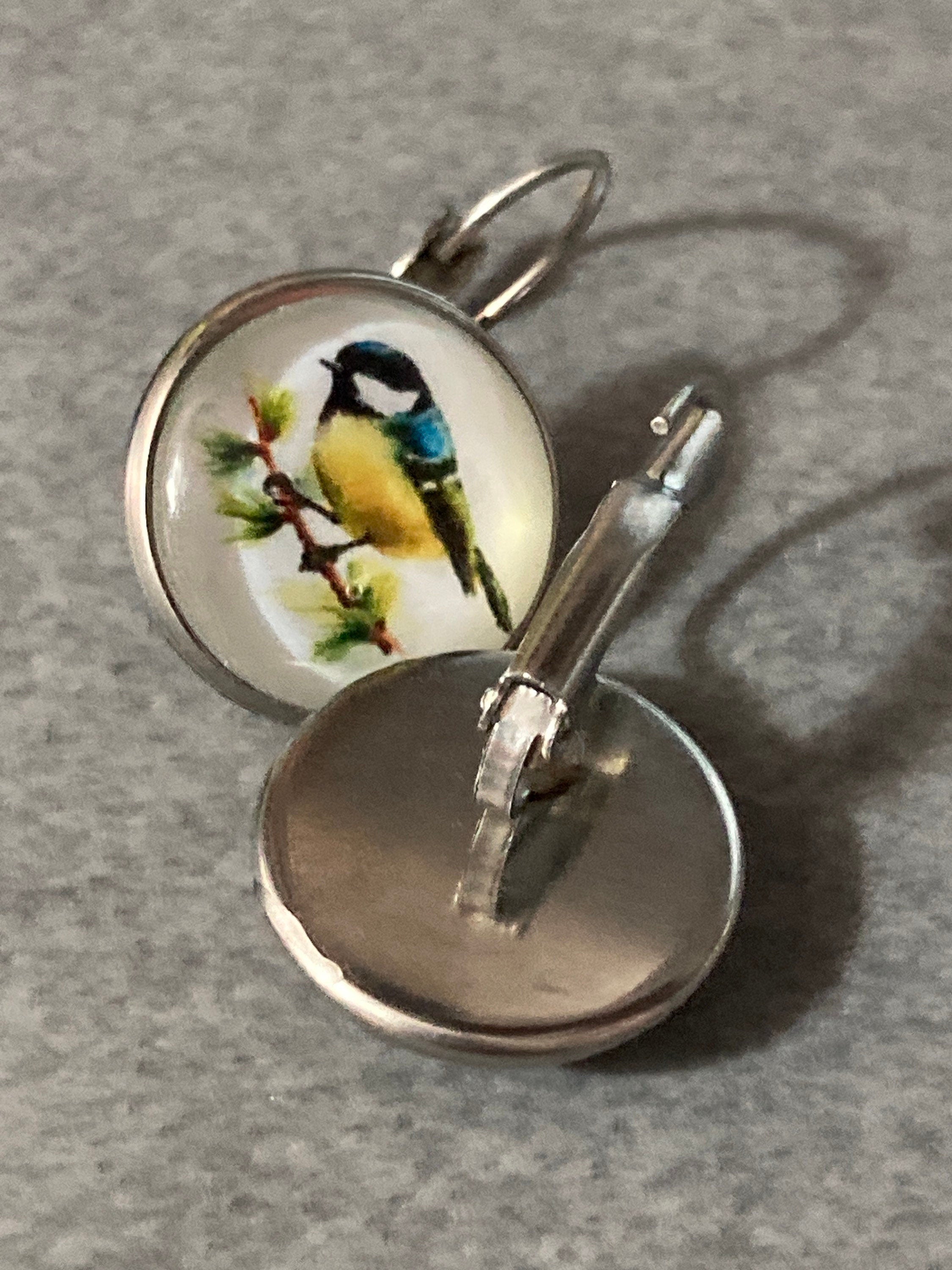 16mm Blue tit earrings glass cabochon Stainless steel garden birds drop earrings