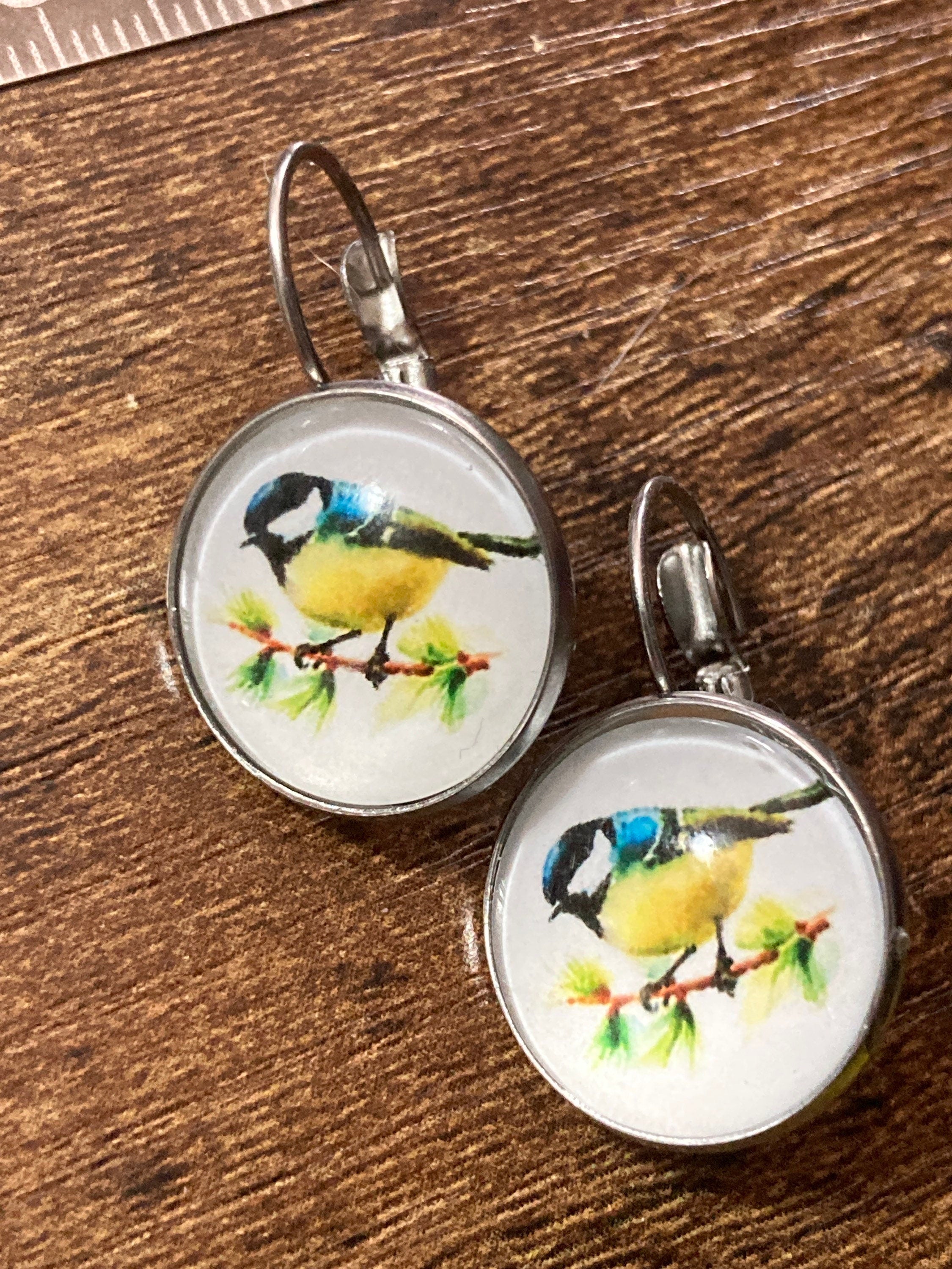 16mm Blue tit earrings glass cabochon Stainless steel garden birds drop earrings