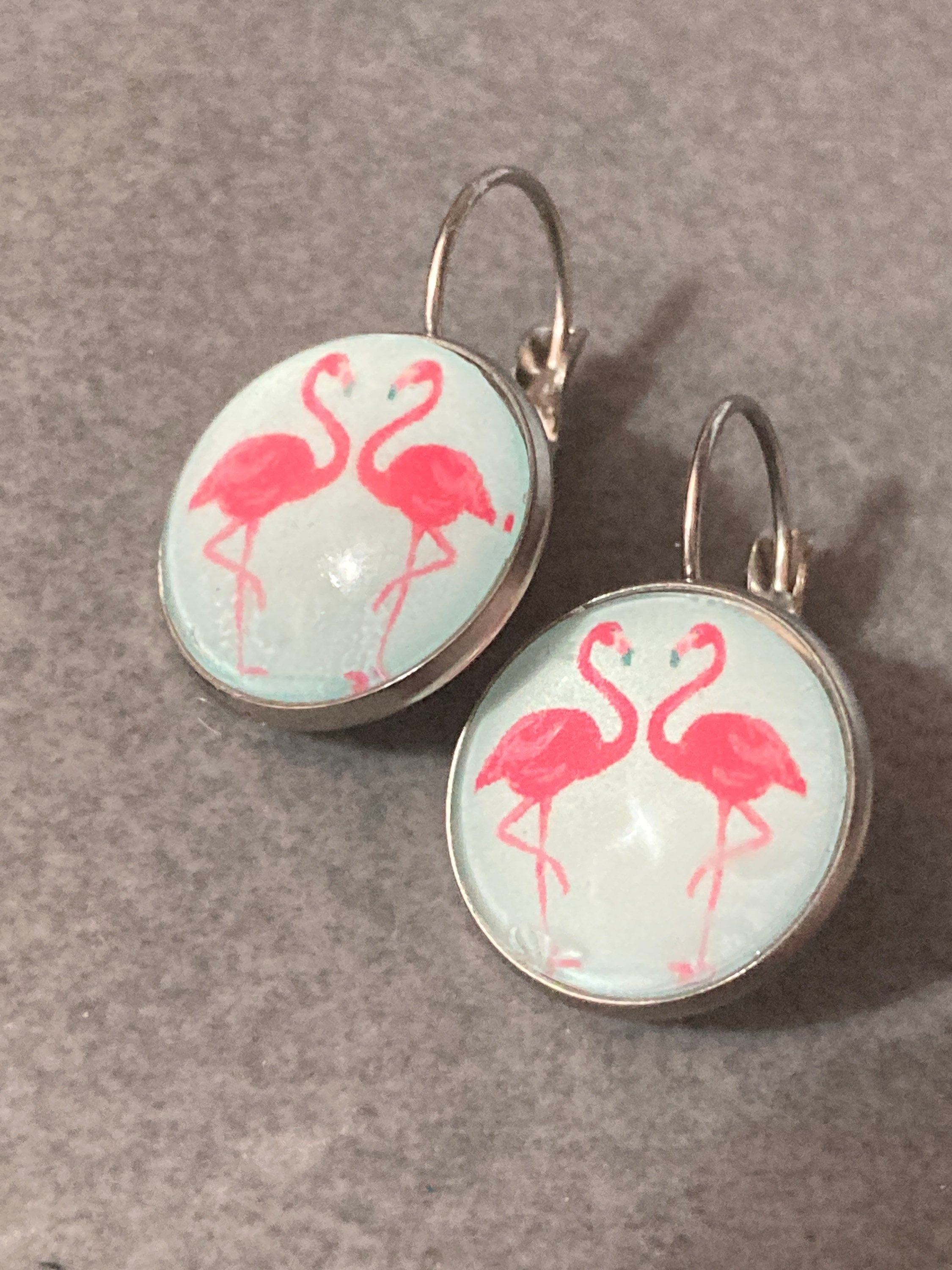 flamingo dangly earrings handmade stainless steel and glass cabochon