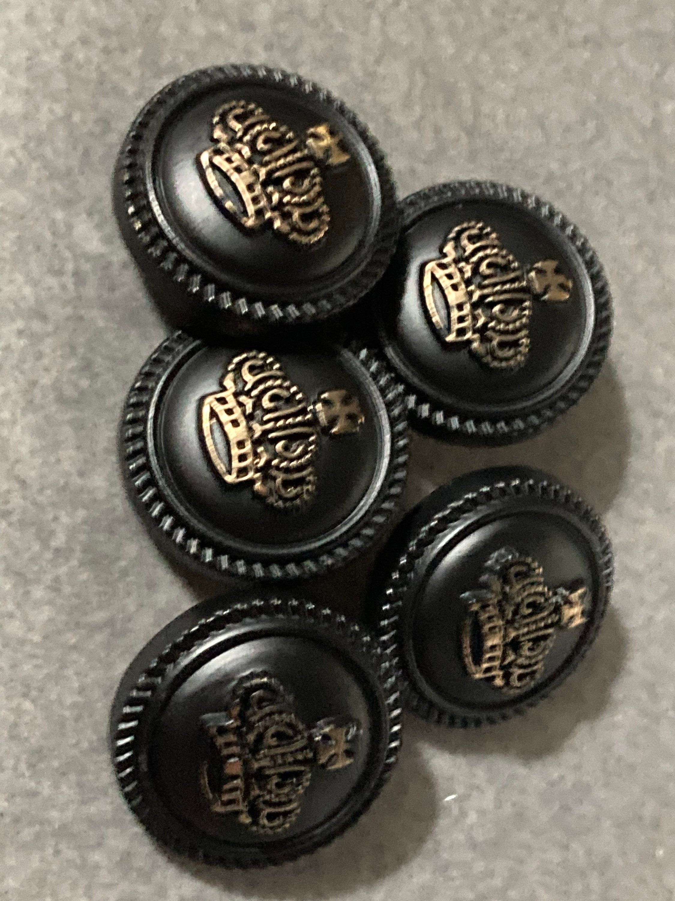 5 x 23mm metal royal crown buttons black and gold tone