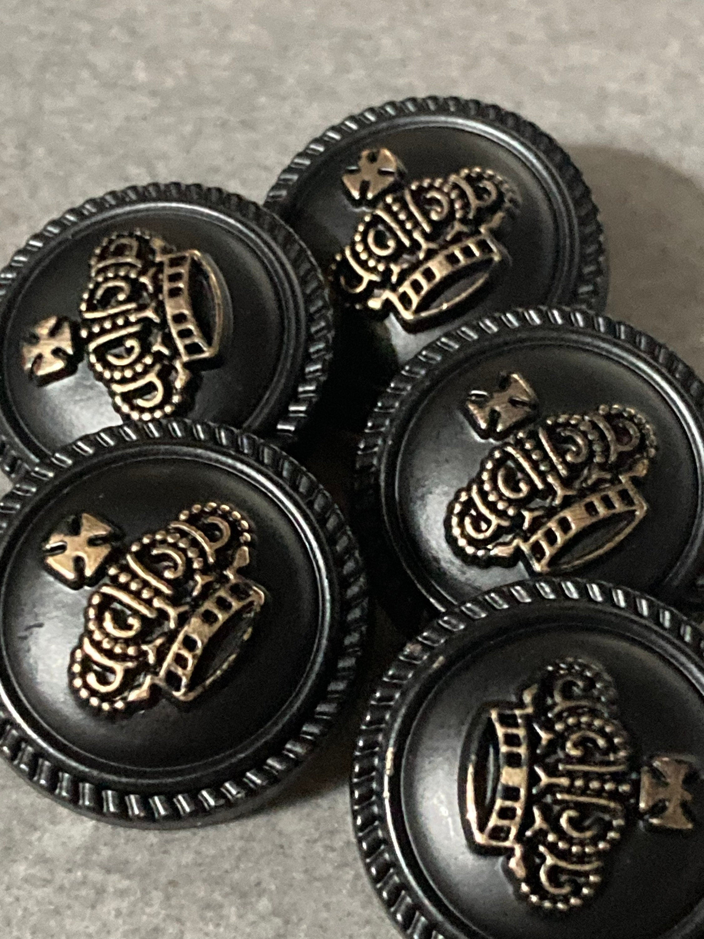 5 x 23mm metal royal crown buttons black and gold tone