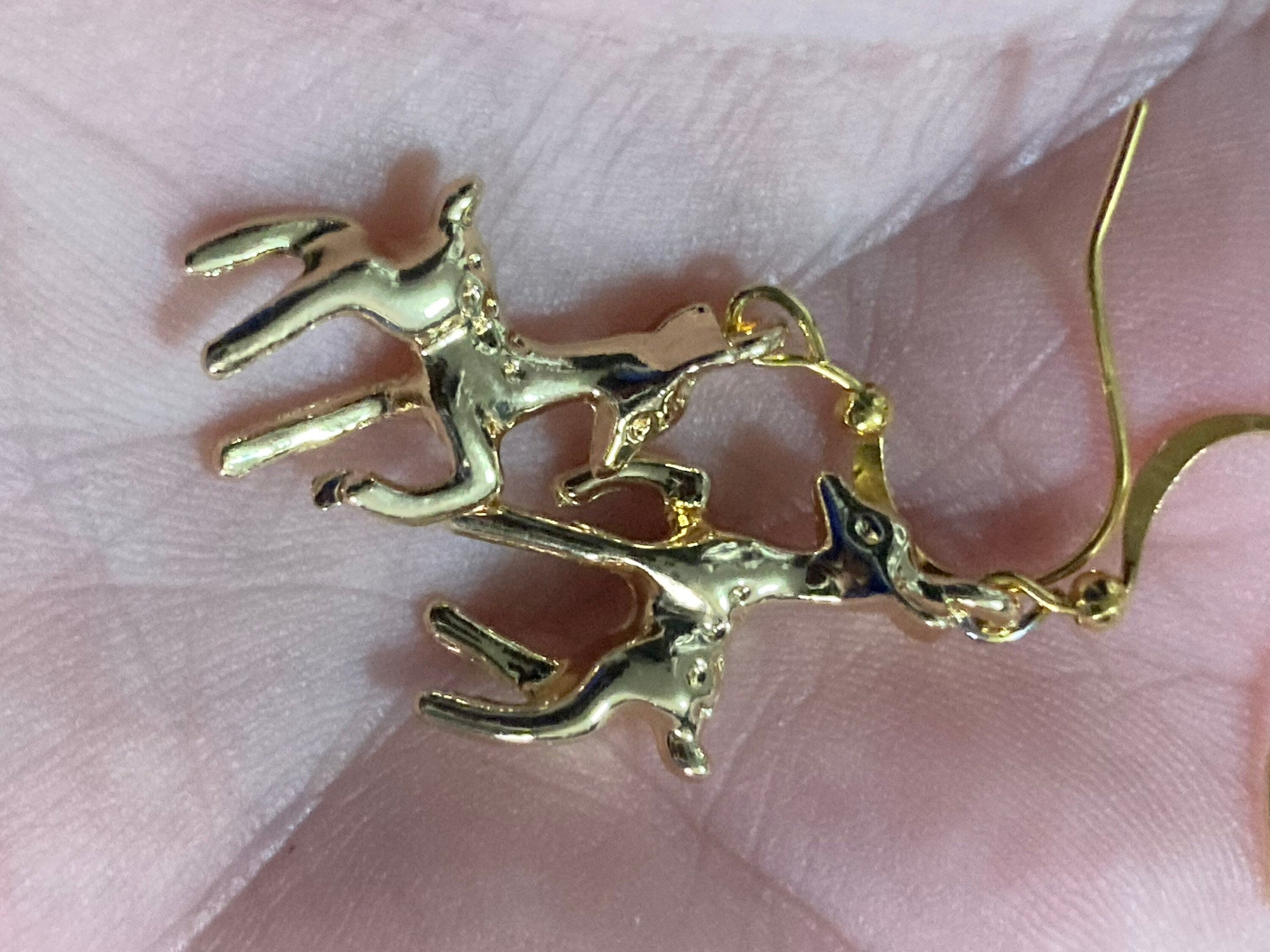 vintage Deer dangly drop earrings pierced, gold plated charms