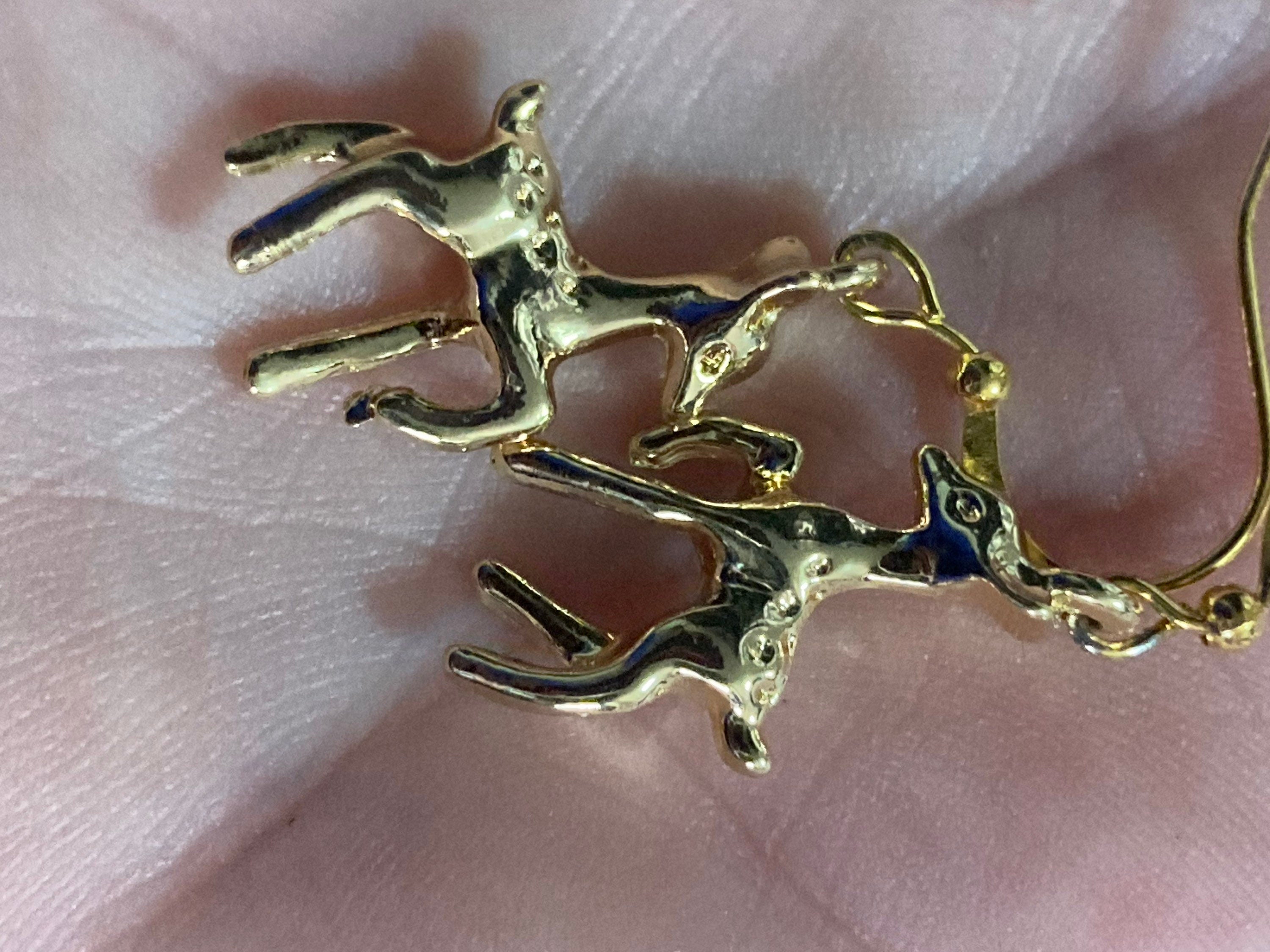vintage Deer dangly drop earrings pierced, gold plated charms