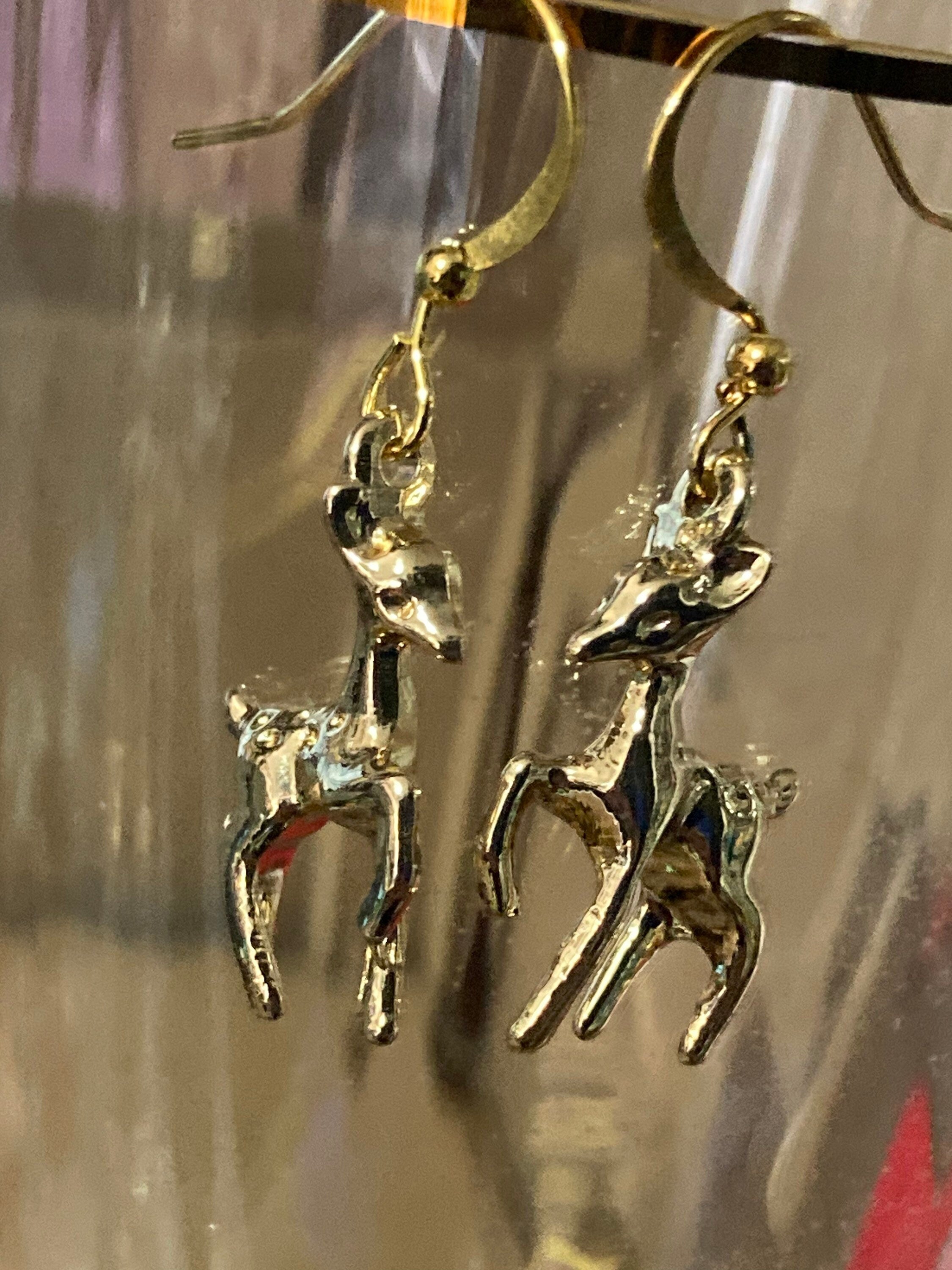 vintage Deer dangly drop earrings pierced, gold plated charms