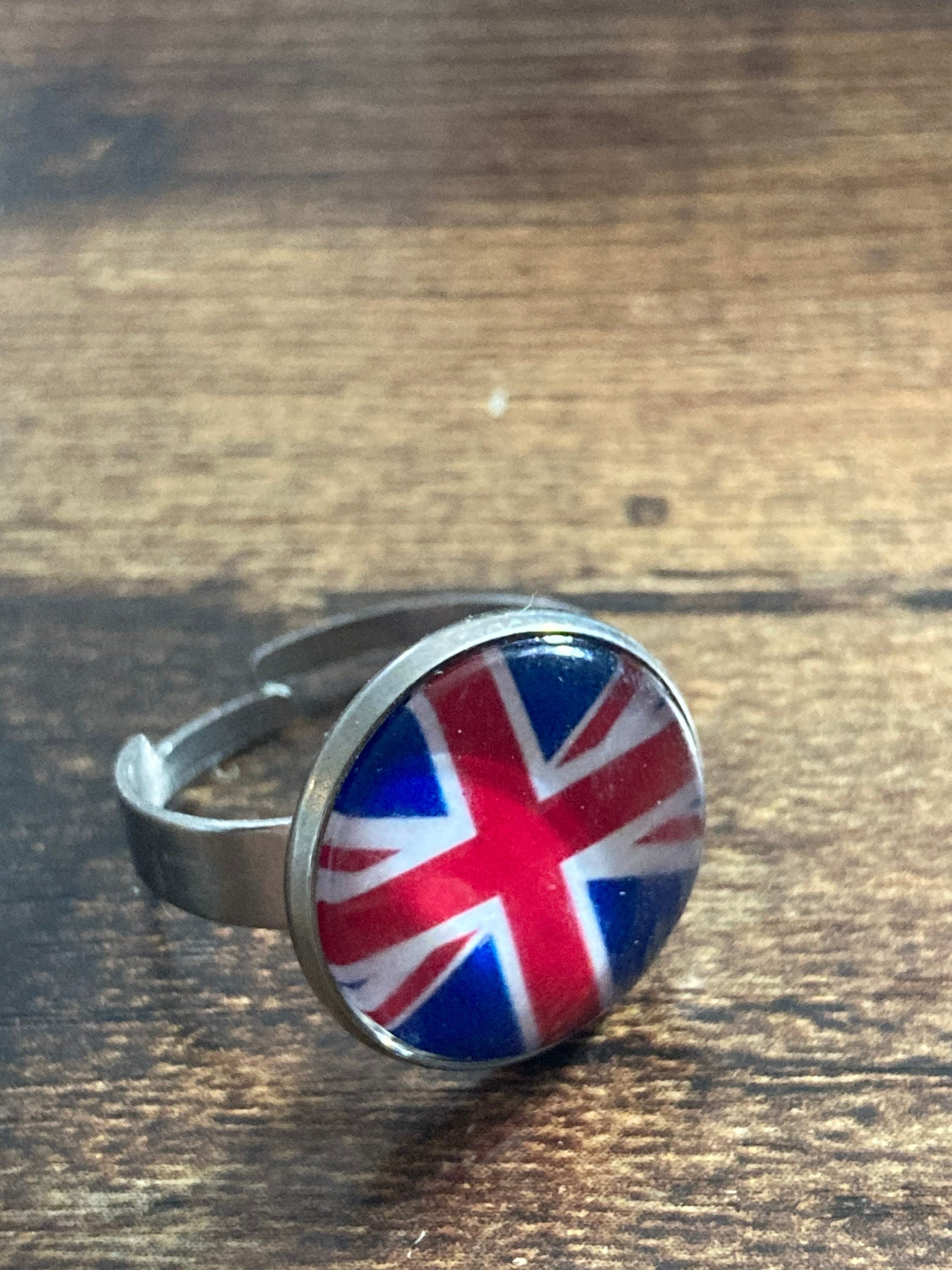 Union Jack ring stainless steel adjustable glass cabochon
