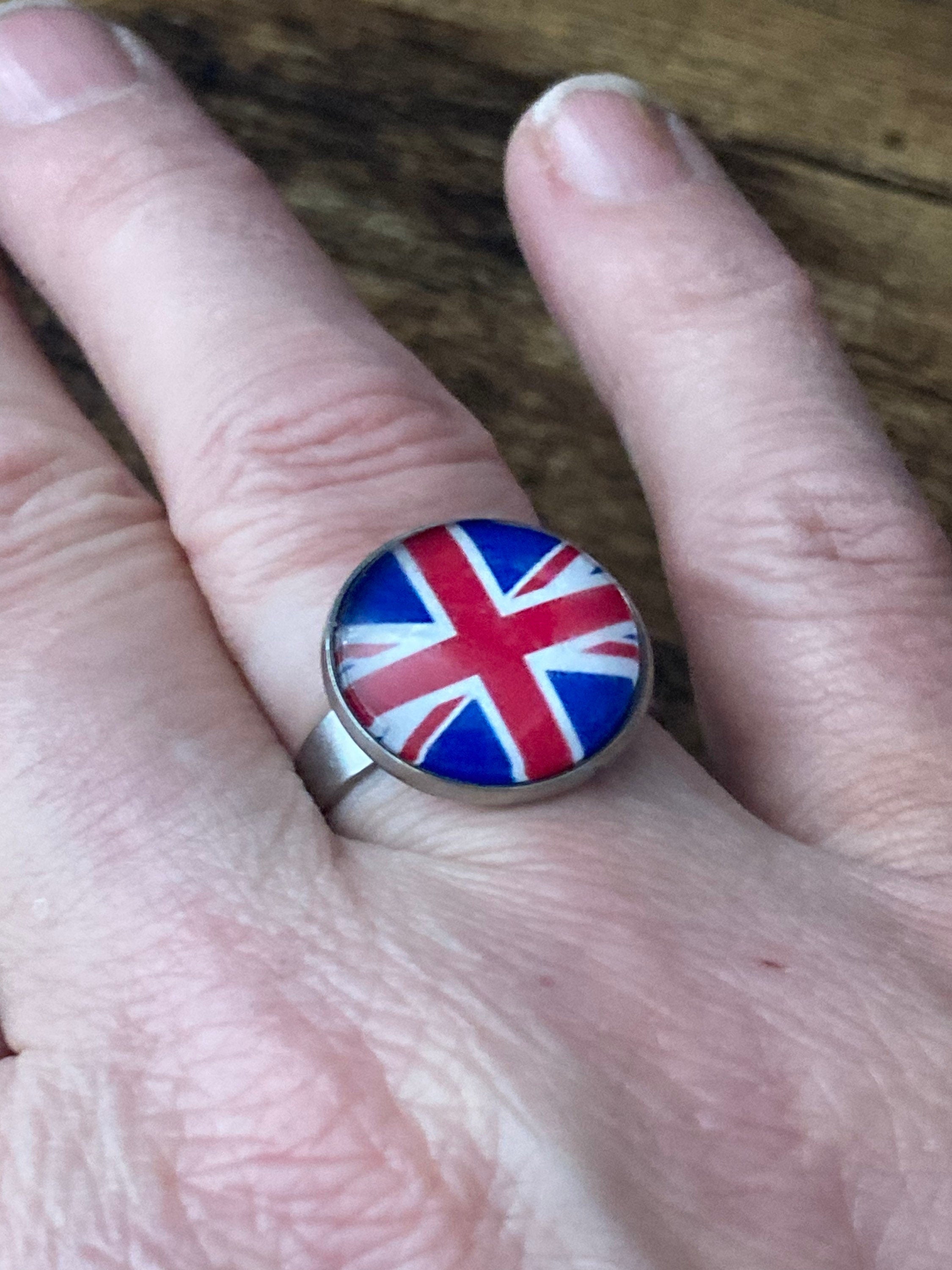 Union Jack ring stainless steel adjustable glass cabochon