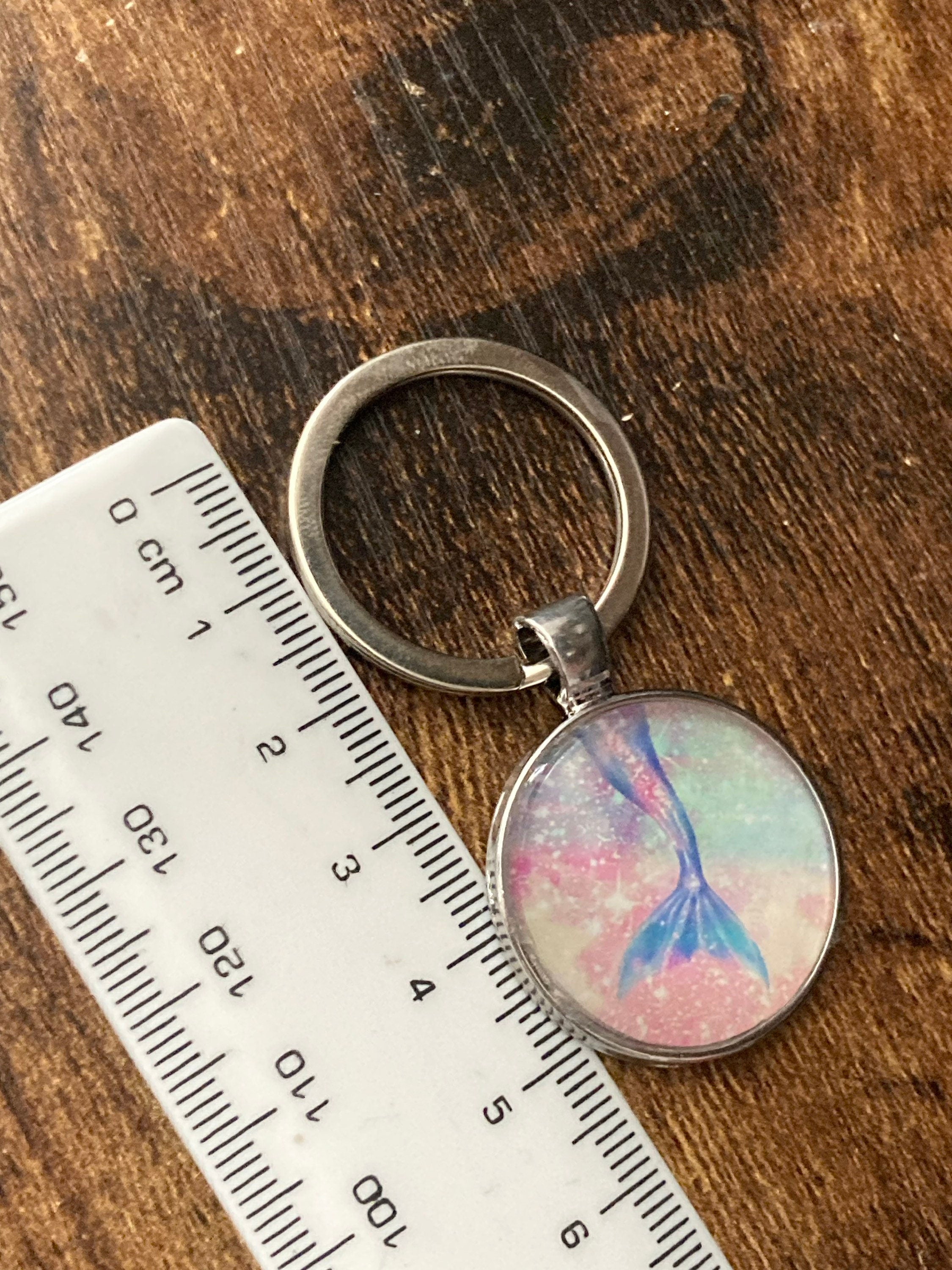nautical mermaid tail silver keyring pink purple glass cabochon