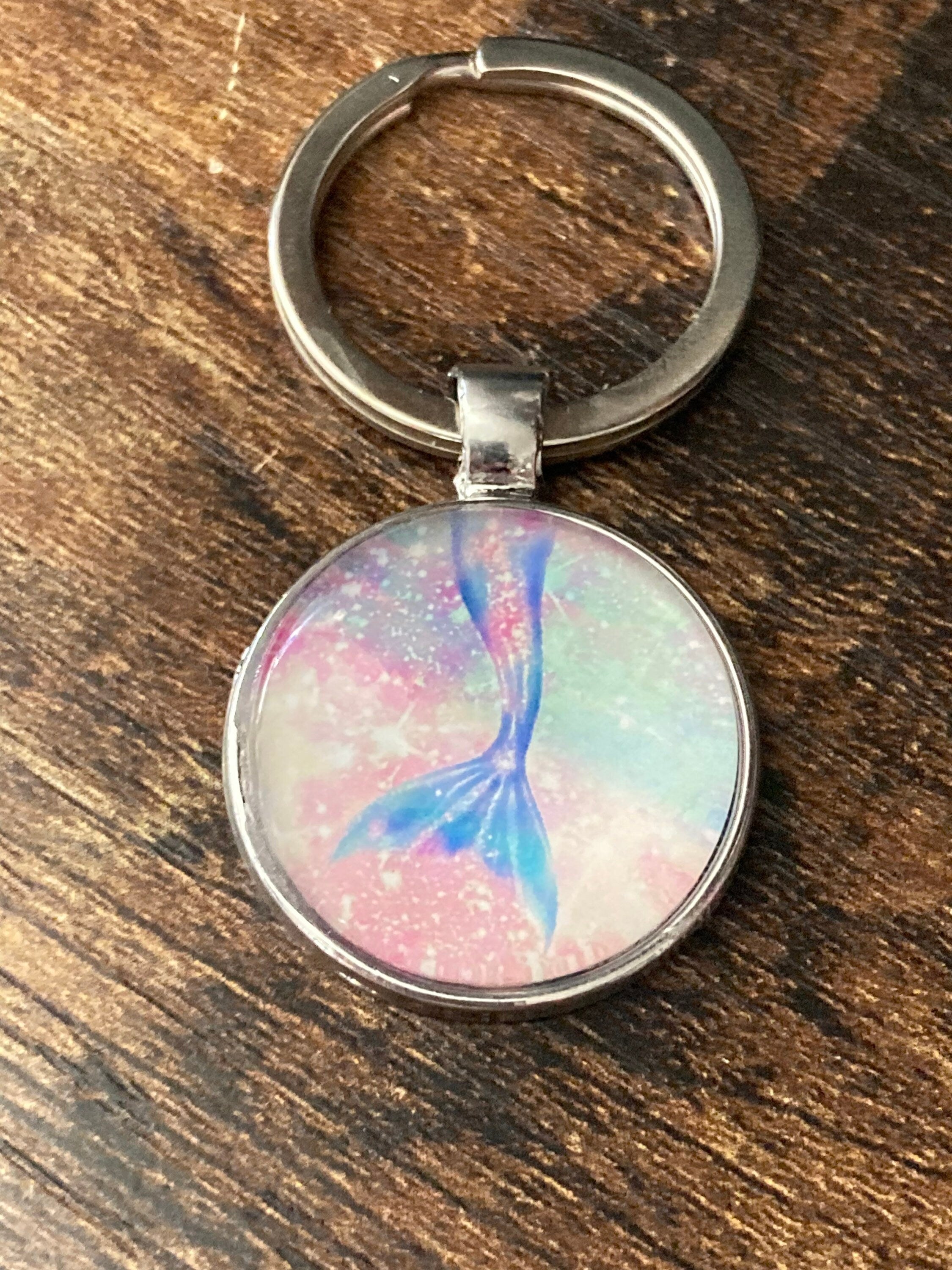 nautical mermaid tail silver keyring pink purple glass cabochon