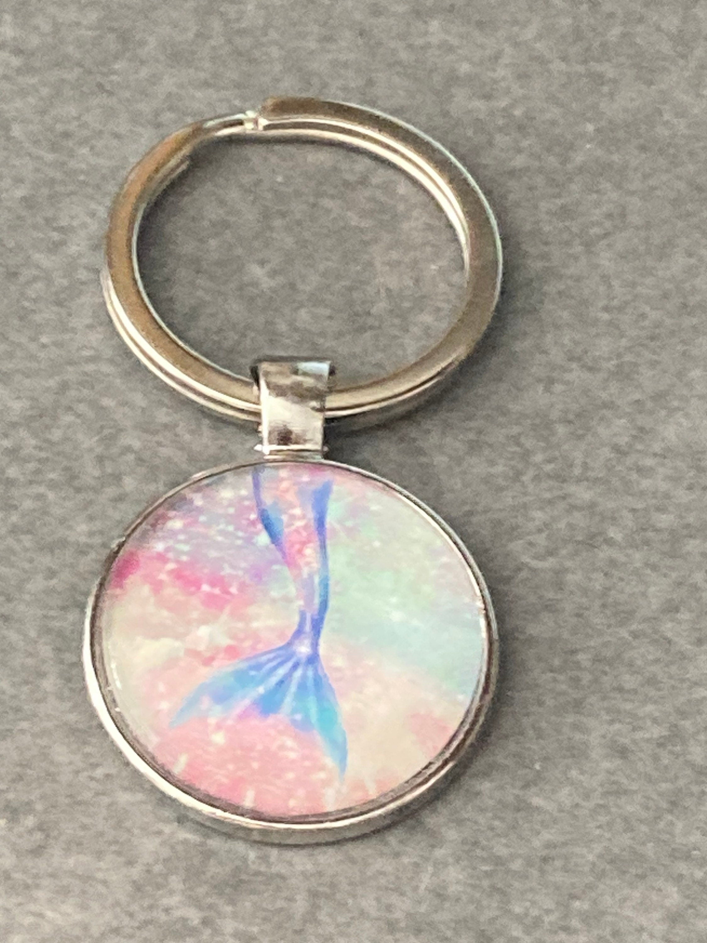 nautical mermaid tail silver keyring pink purple glass cabochon