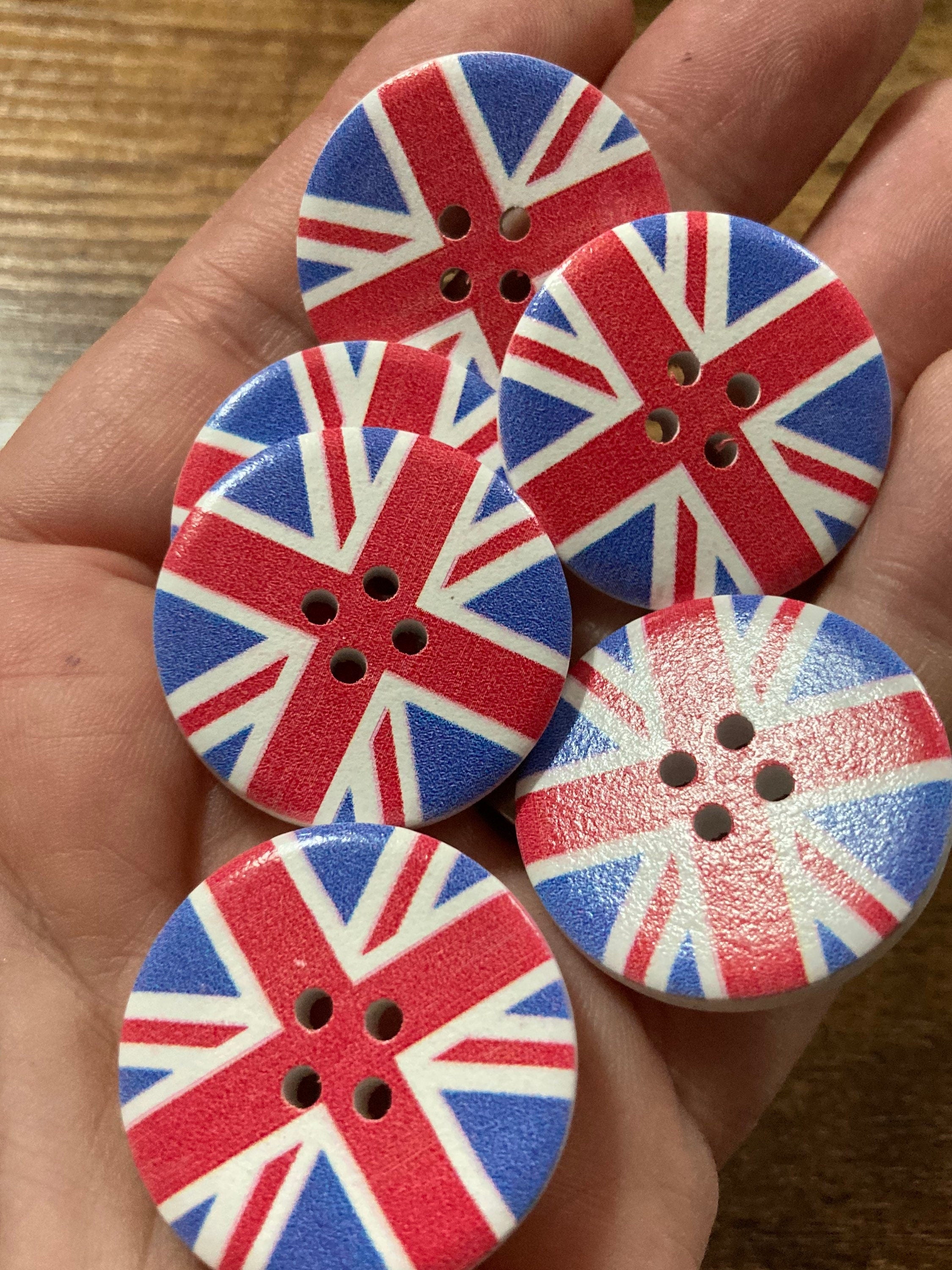 Set of 6 XL Union Jack Wooden Buttons: UK Flag, 30mm