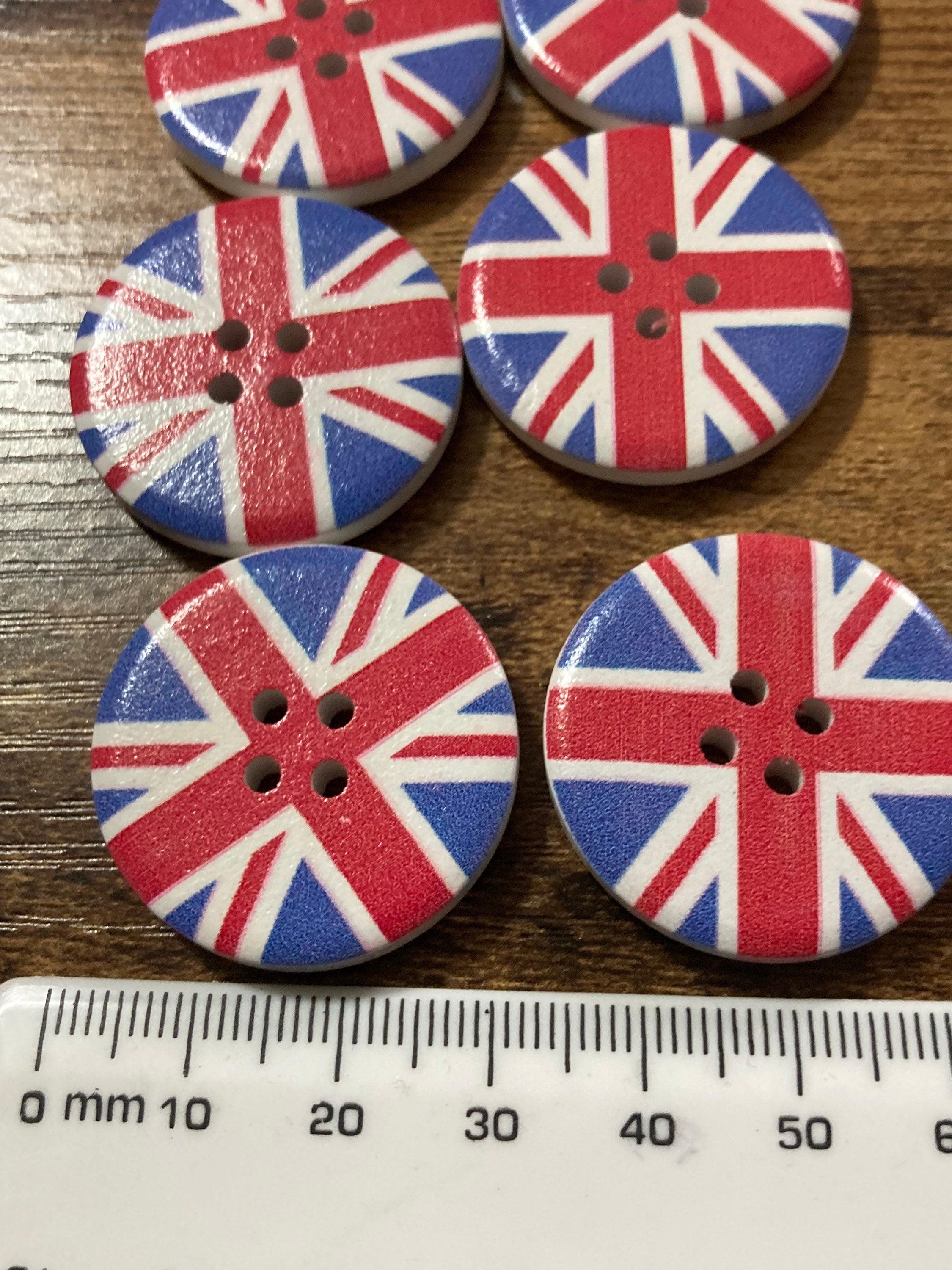 Set of 6 XL Union Jack Wooden Buttons: UK Flag, 30mm