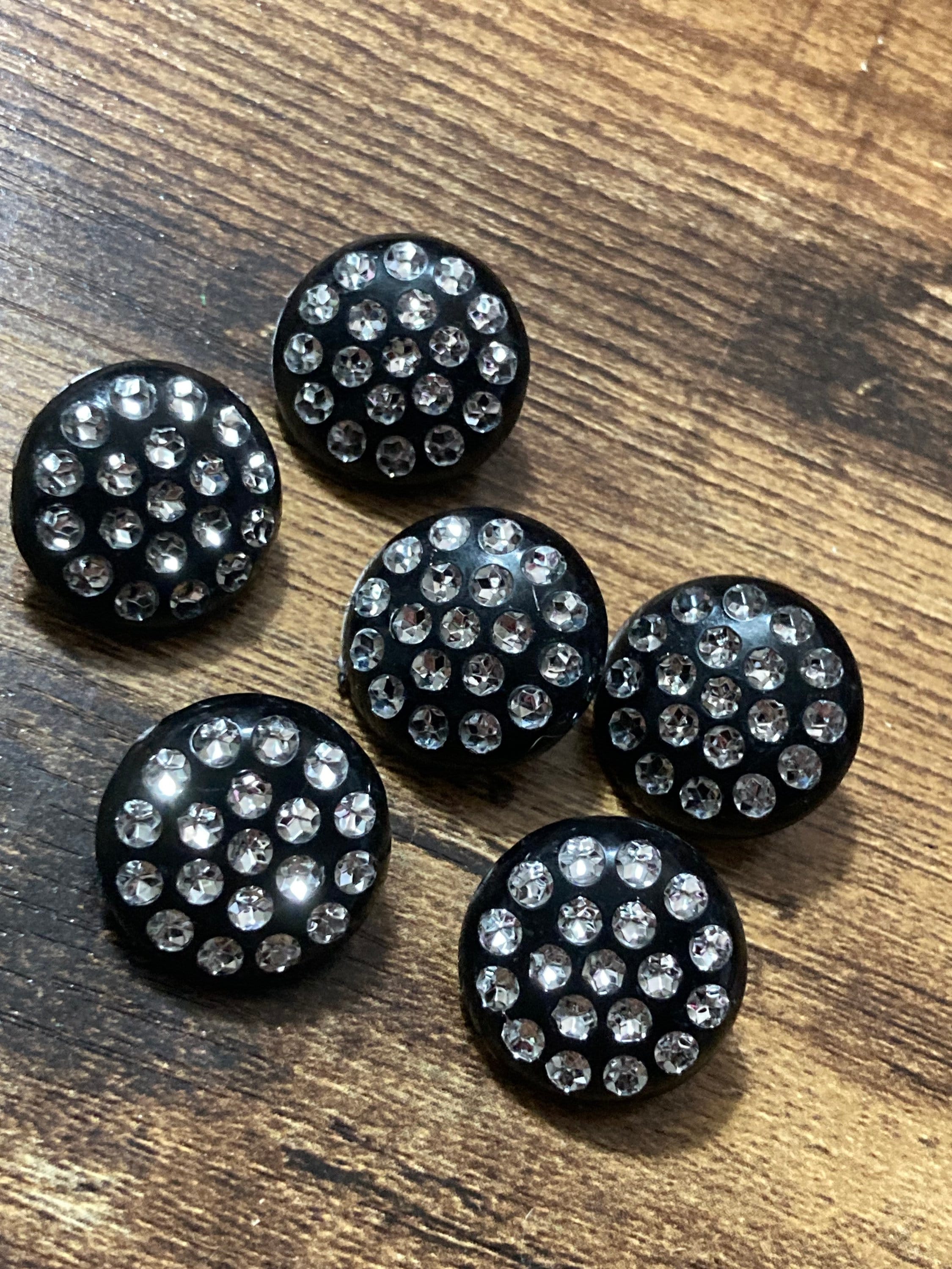 20mm black plastic clear glass diamanté buttons, Set of 6