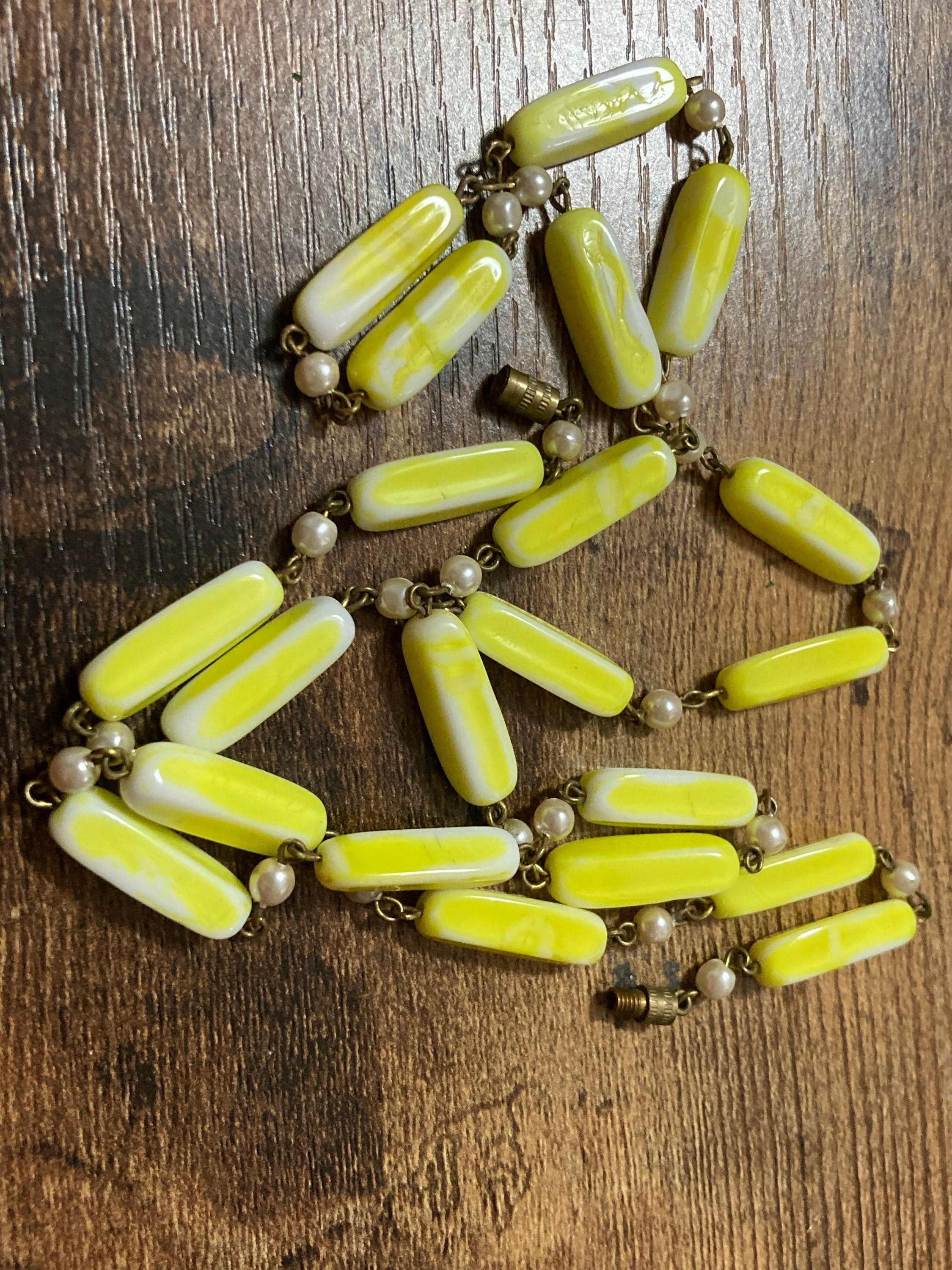 Spring Yellow ceramic china barrel beaded czech necklace with faux pearl