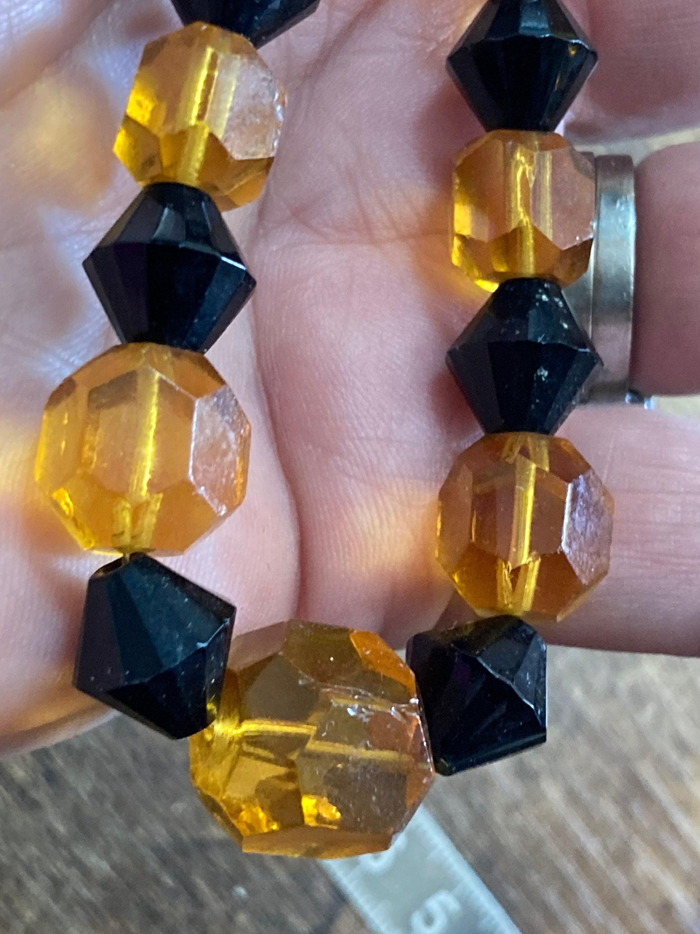 Long Antique black orange faceted glass beaded Art Deco necklace 46cm