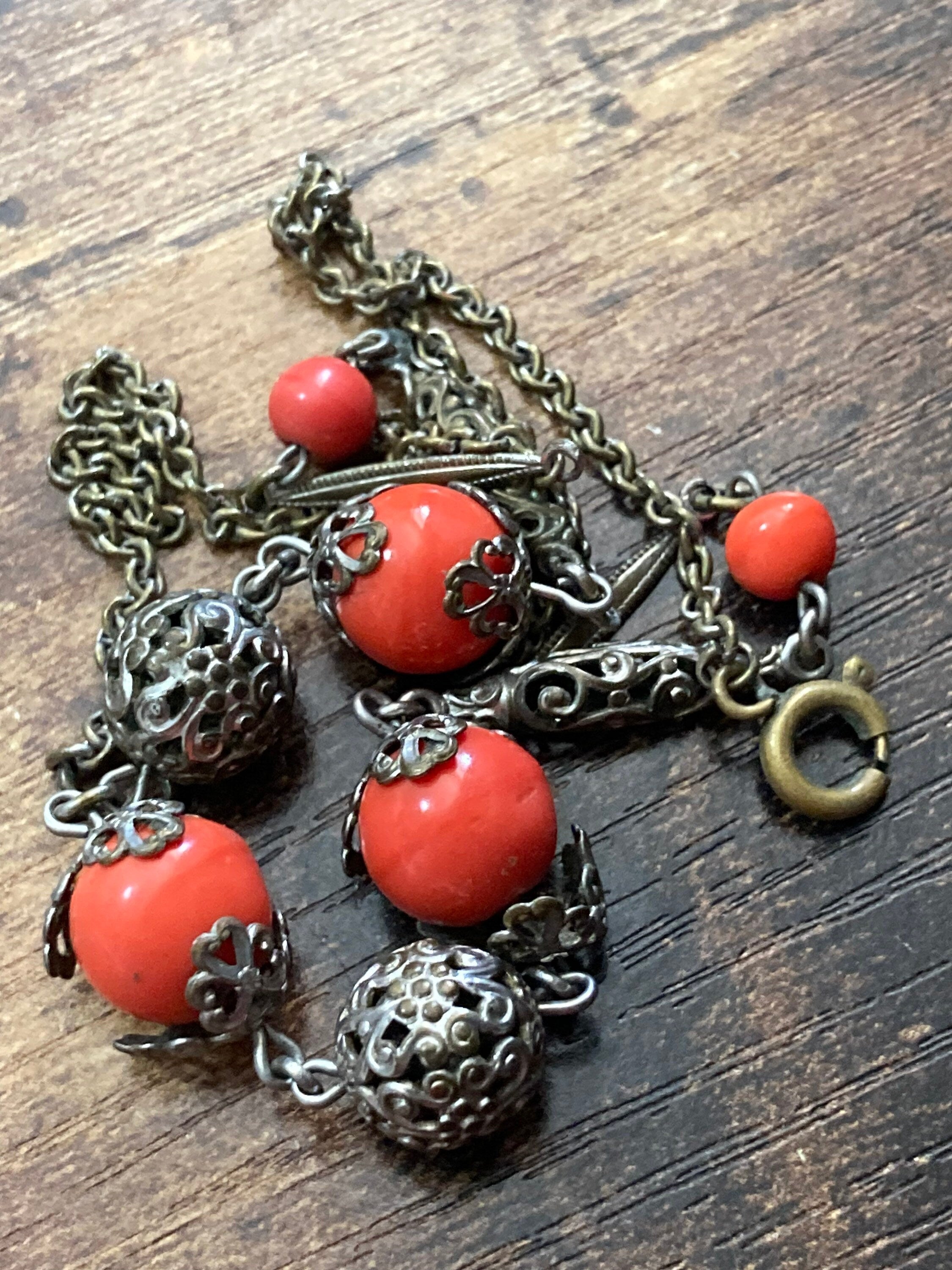 Czech silver filigree orange coral beaded necklace 1920s art deco