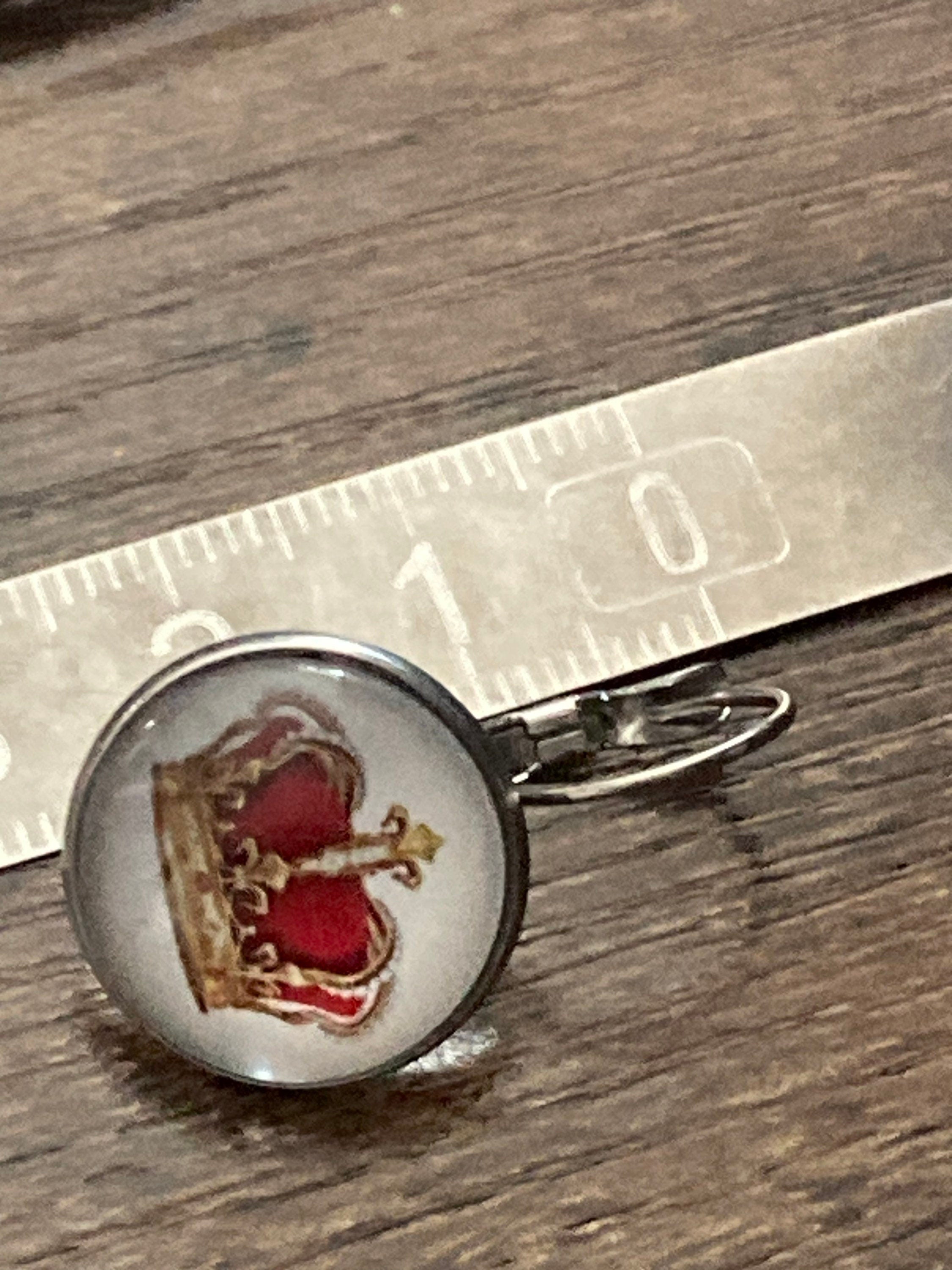 Red and gold royal crown drop earrings lever back silver tone