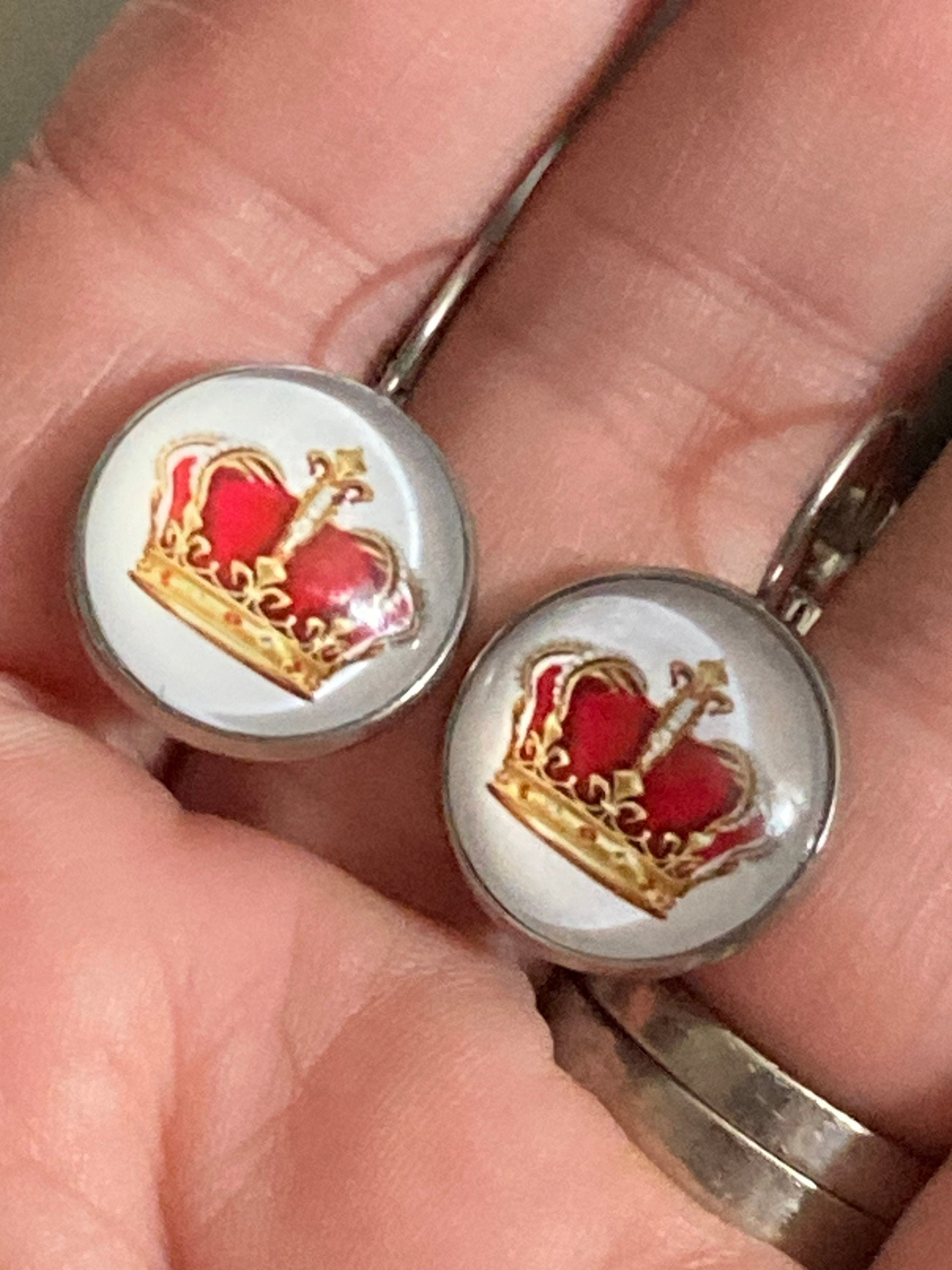 Red and gold royal crown drop earrings lever back silver tone