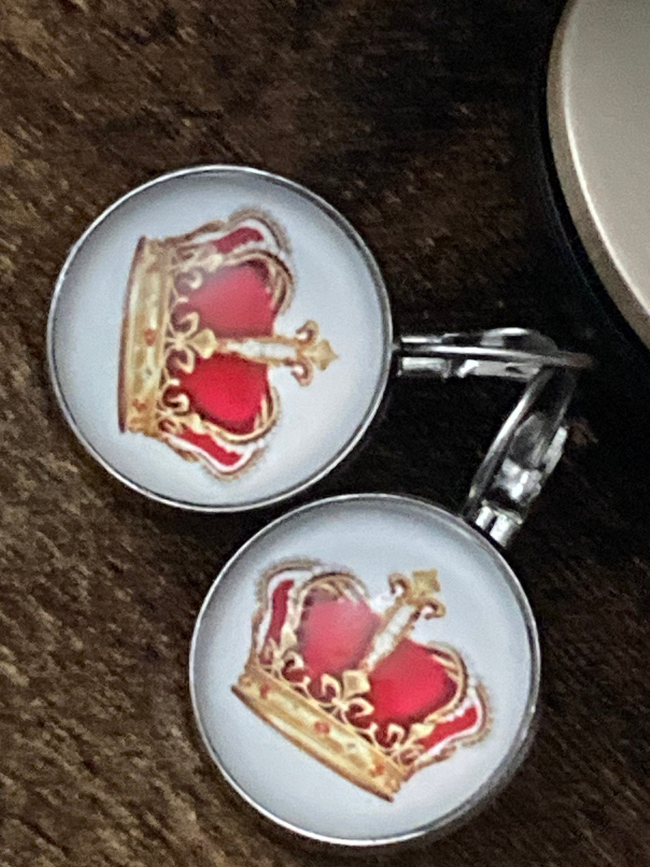 Red and gold royal crown drop earrings lever back silver tone