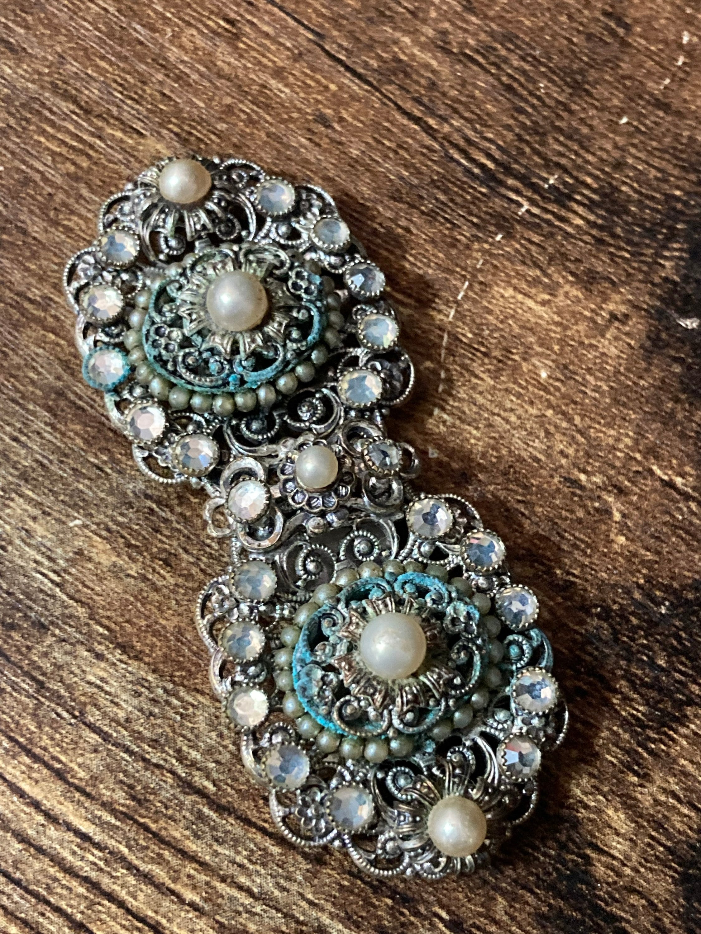 2 part pearl paste diamanté belt buckle Czech brass filigree Art deco