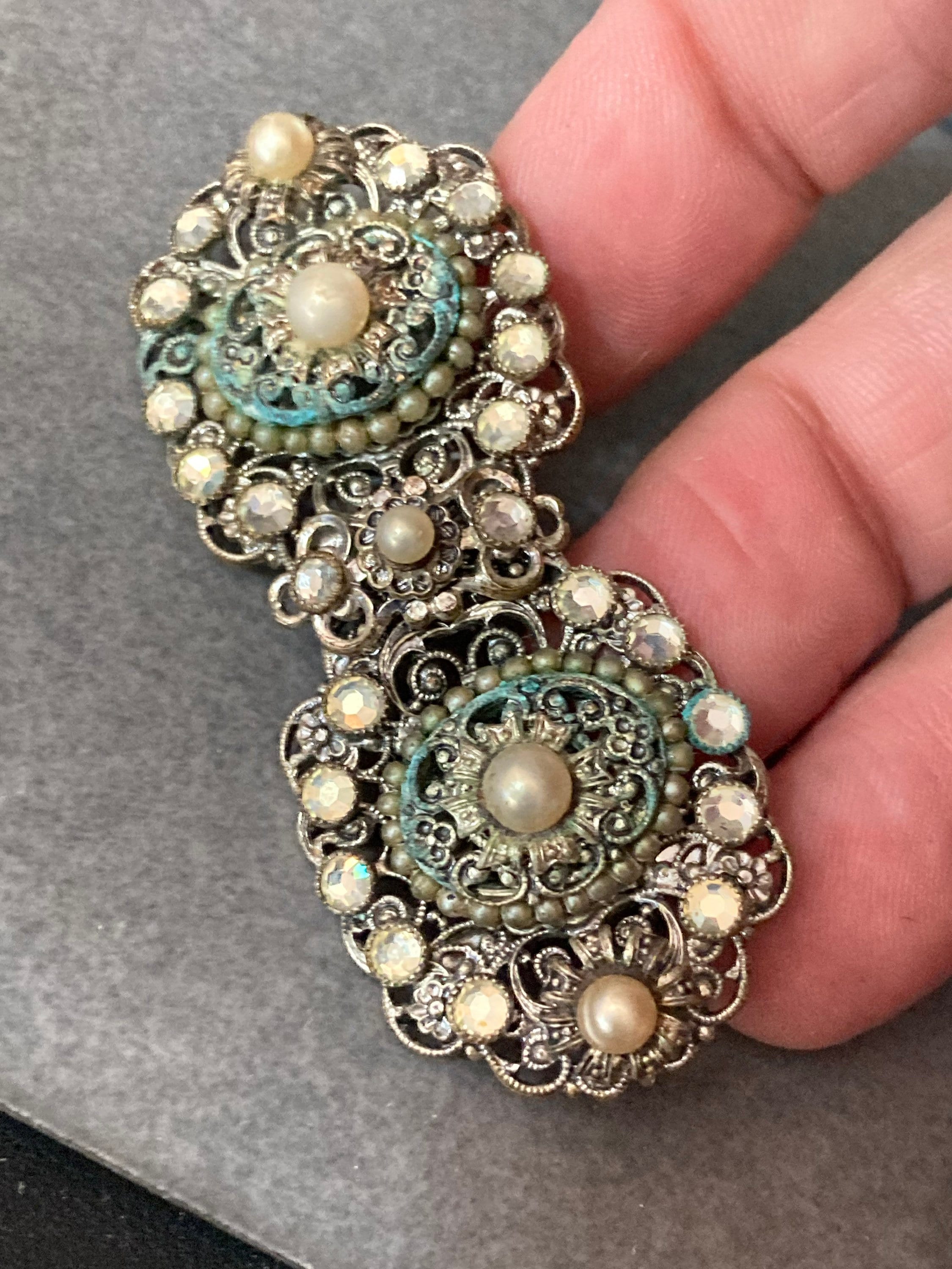2 part pearl paste diamanté belt buckle Czech brass filigree Art deco