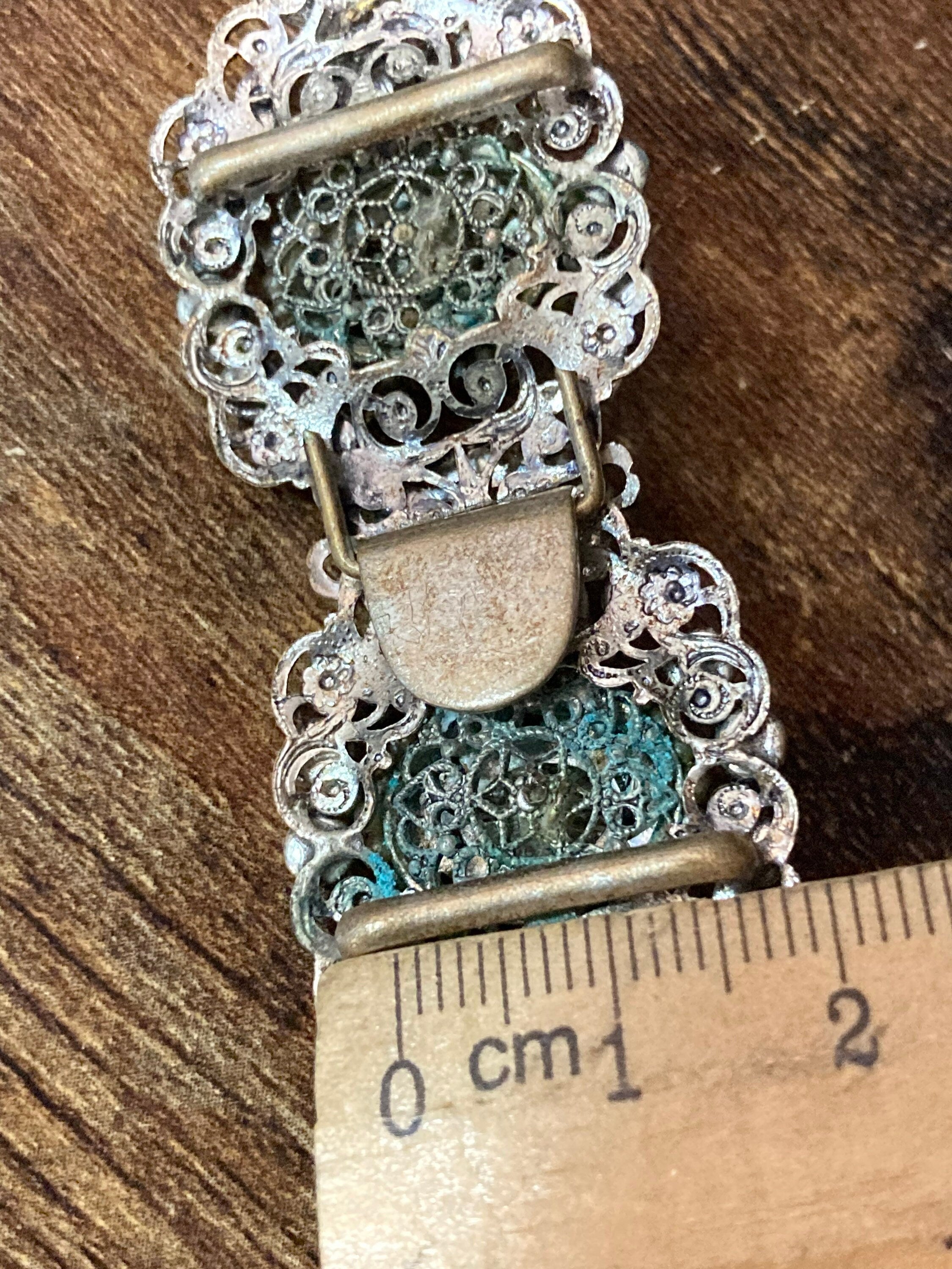 2 part pearl paste diamanté belt buckle Czech brass filigree Art deco