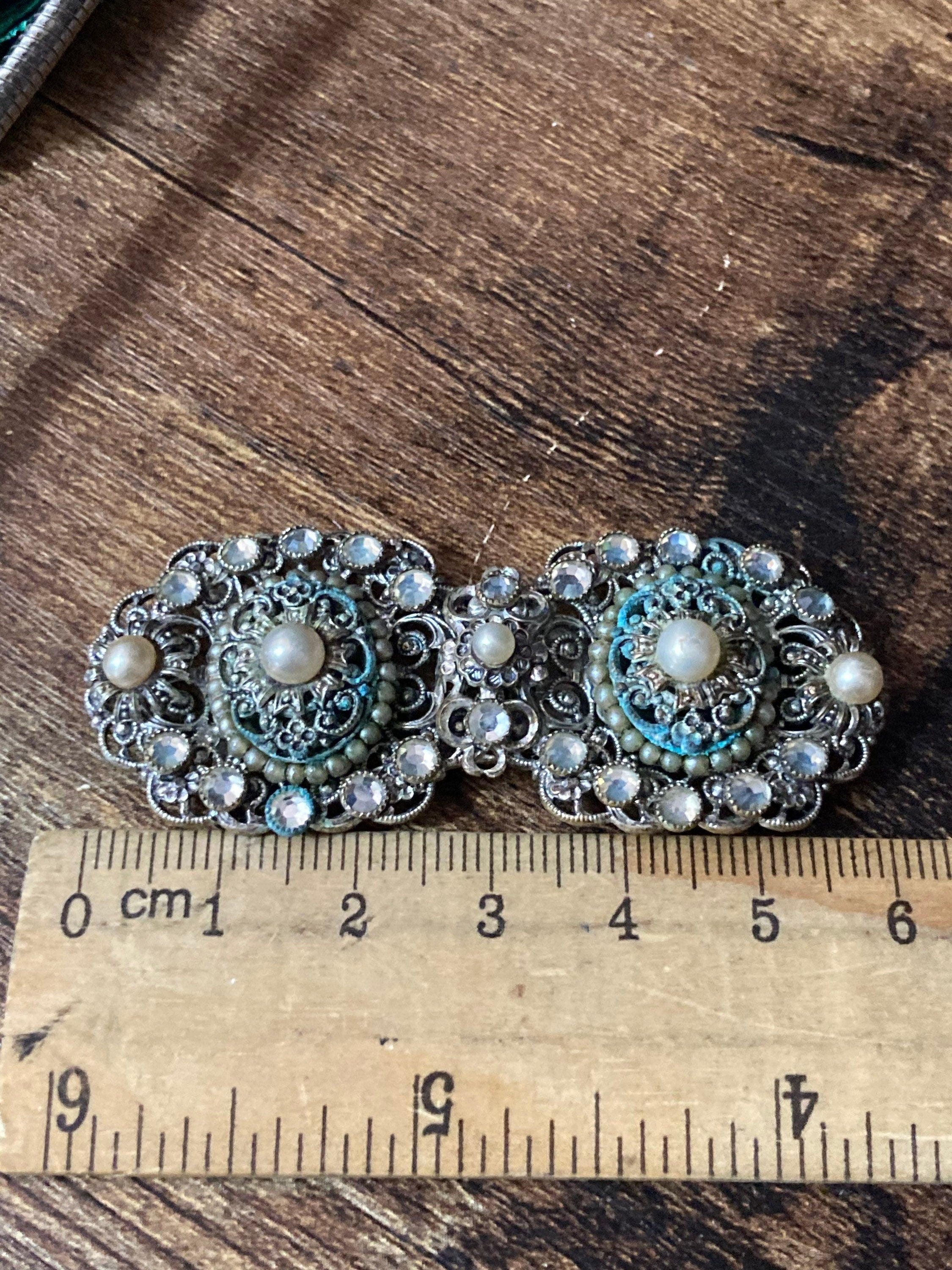 2 part pearl paste diamanté belt buckle Czech brass filigree Art deco
