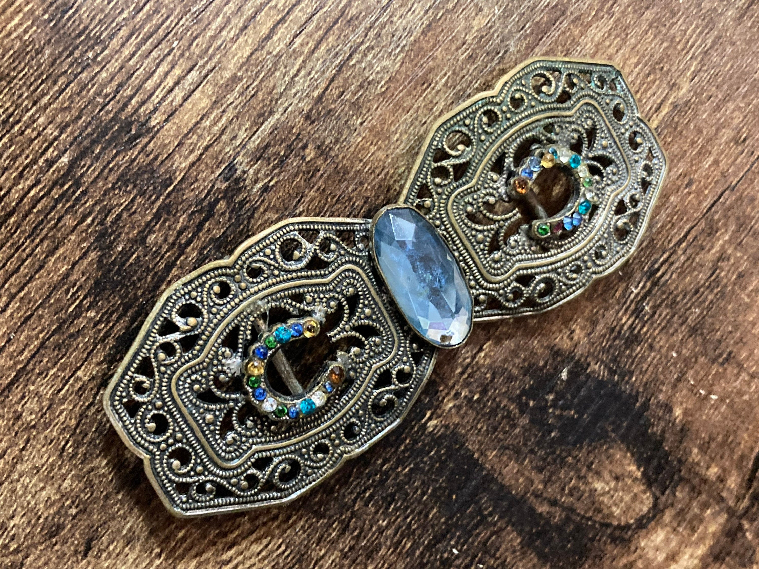 2 part sapphire blue paste diamanté belt buckle Czech brass filigree Art deco