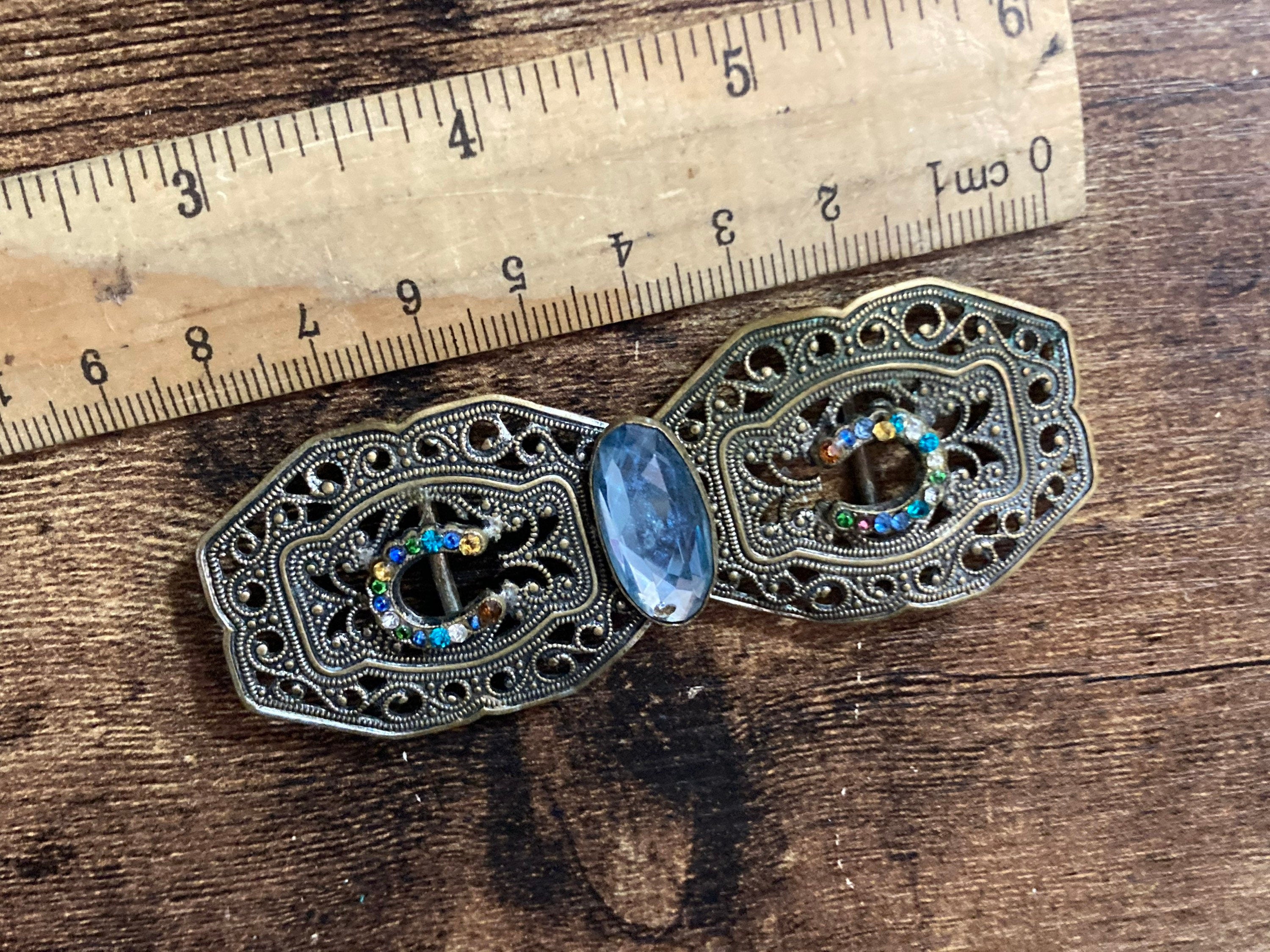 2 part sapphire blue paste diamanté belt buckle Czech brass filigree Art deco