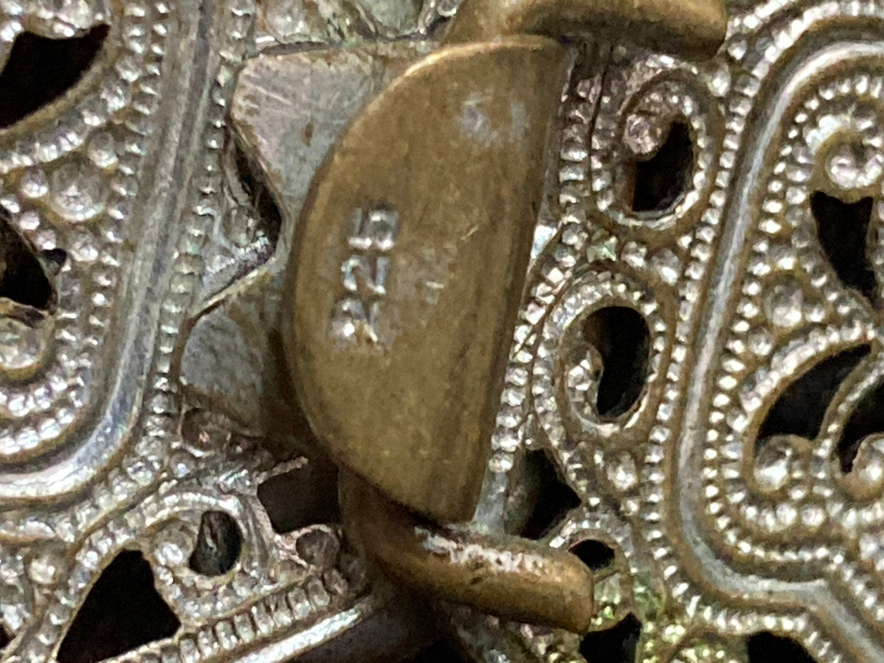 2 part sapphire blue paste diamanté belt buckle Czech brass filigree Art deco