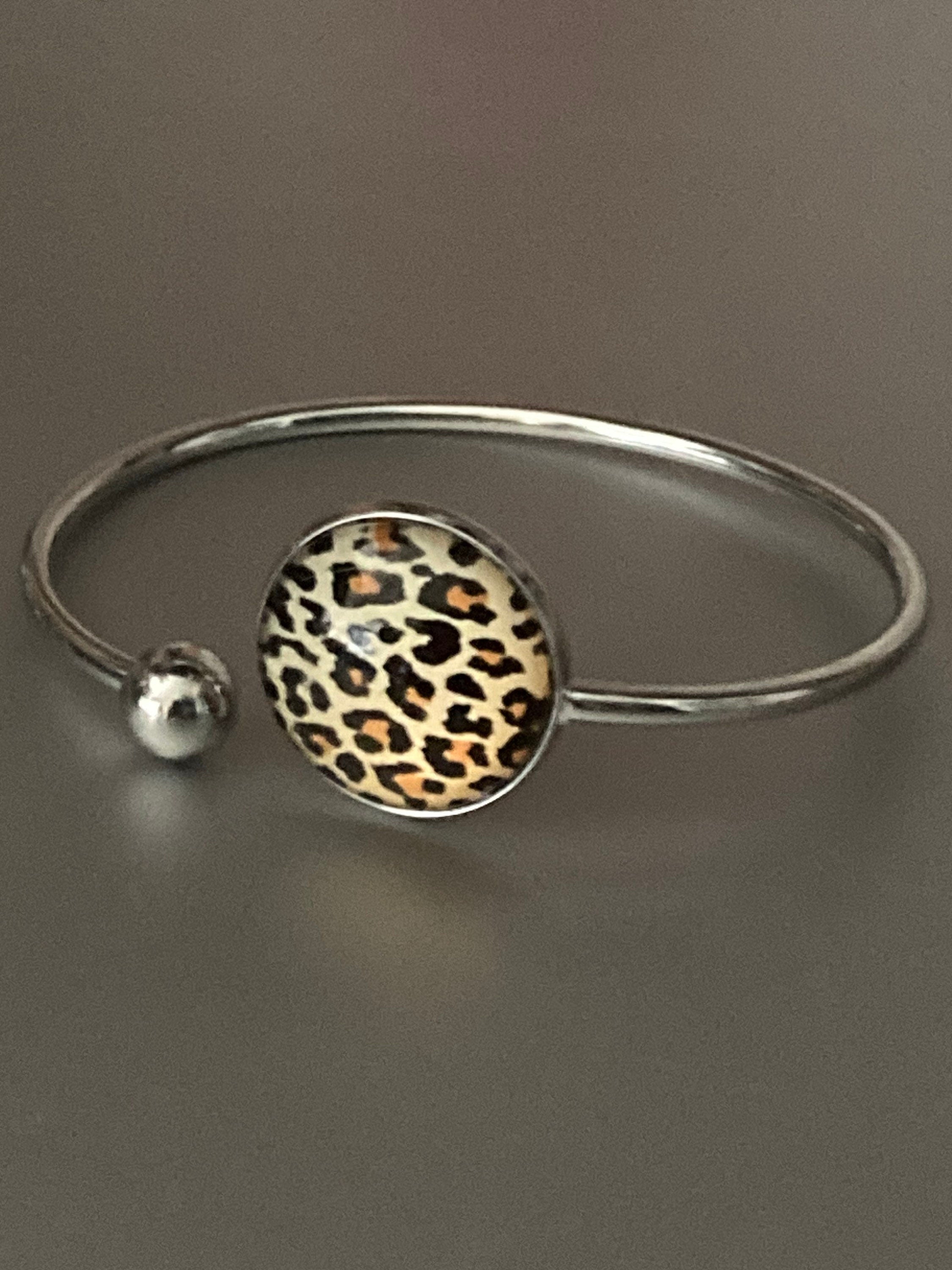 Leopard print cabochon bangle bracelet, stainless steel glass