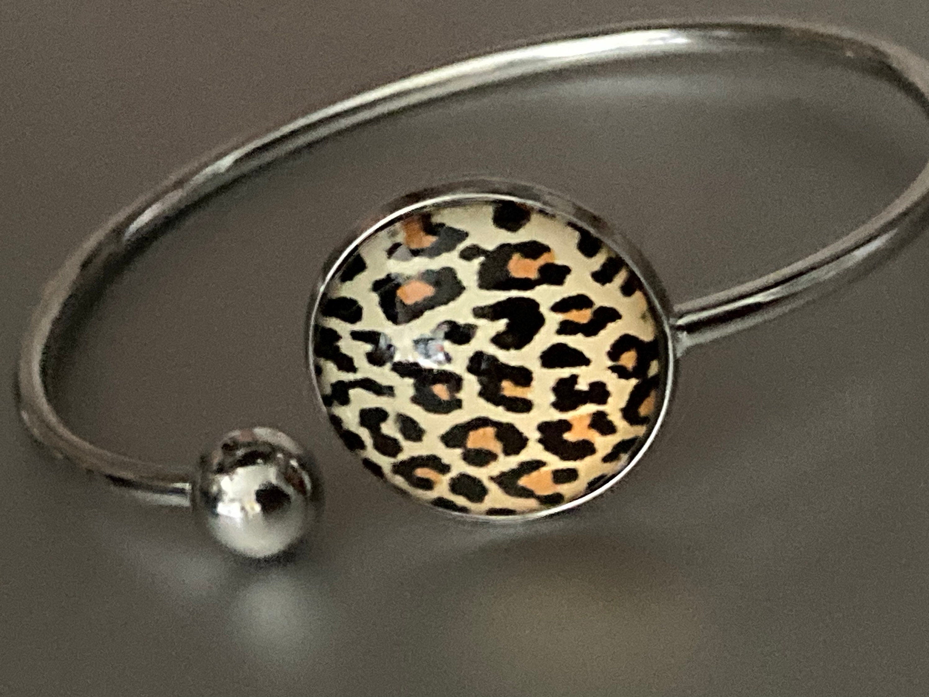 Leopard print cabochon bangle bracelet, stainless steel glass