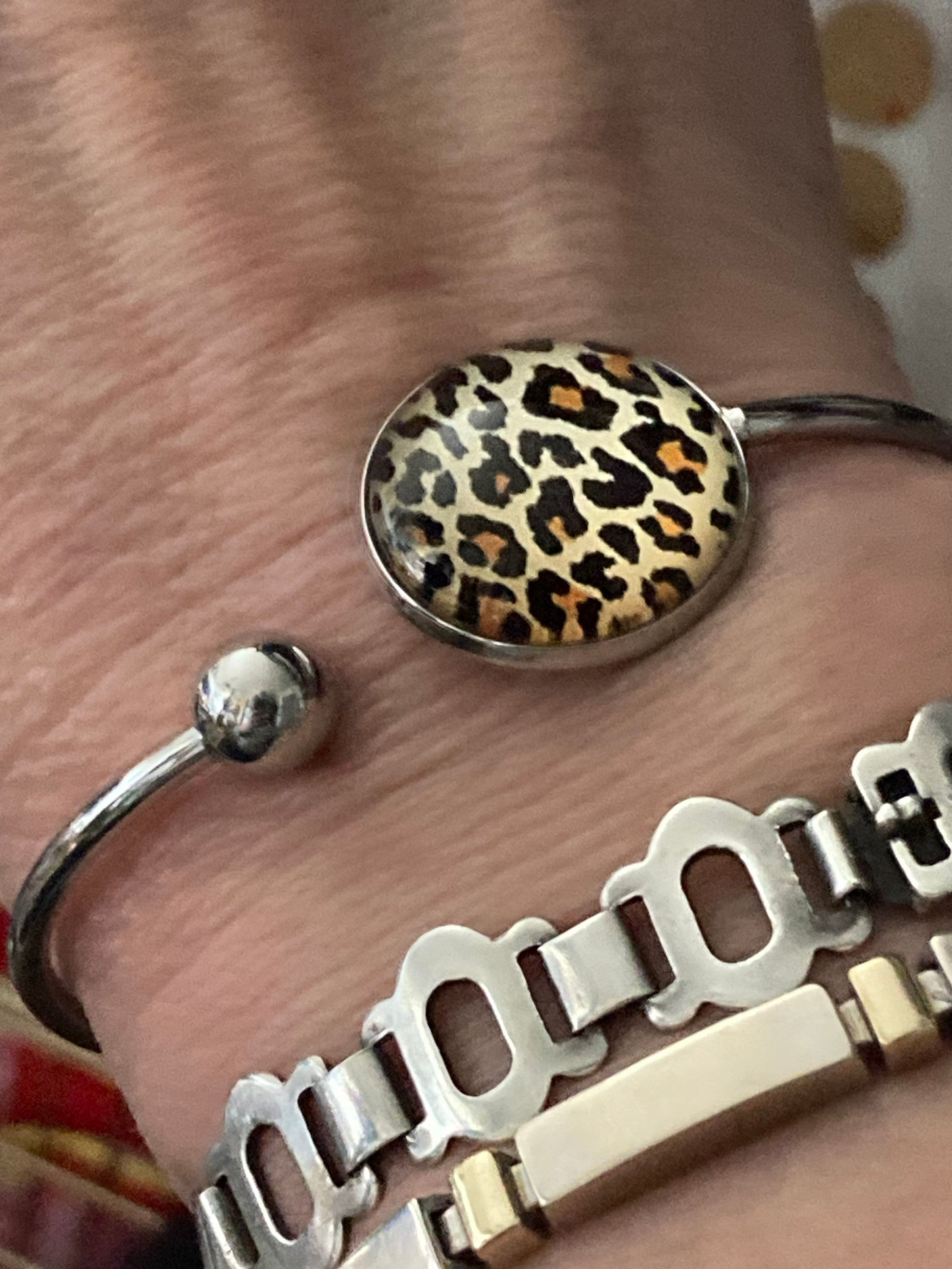 Leopard print cabochon bangle bracelet, stainless steel glass