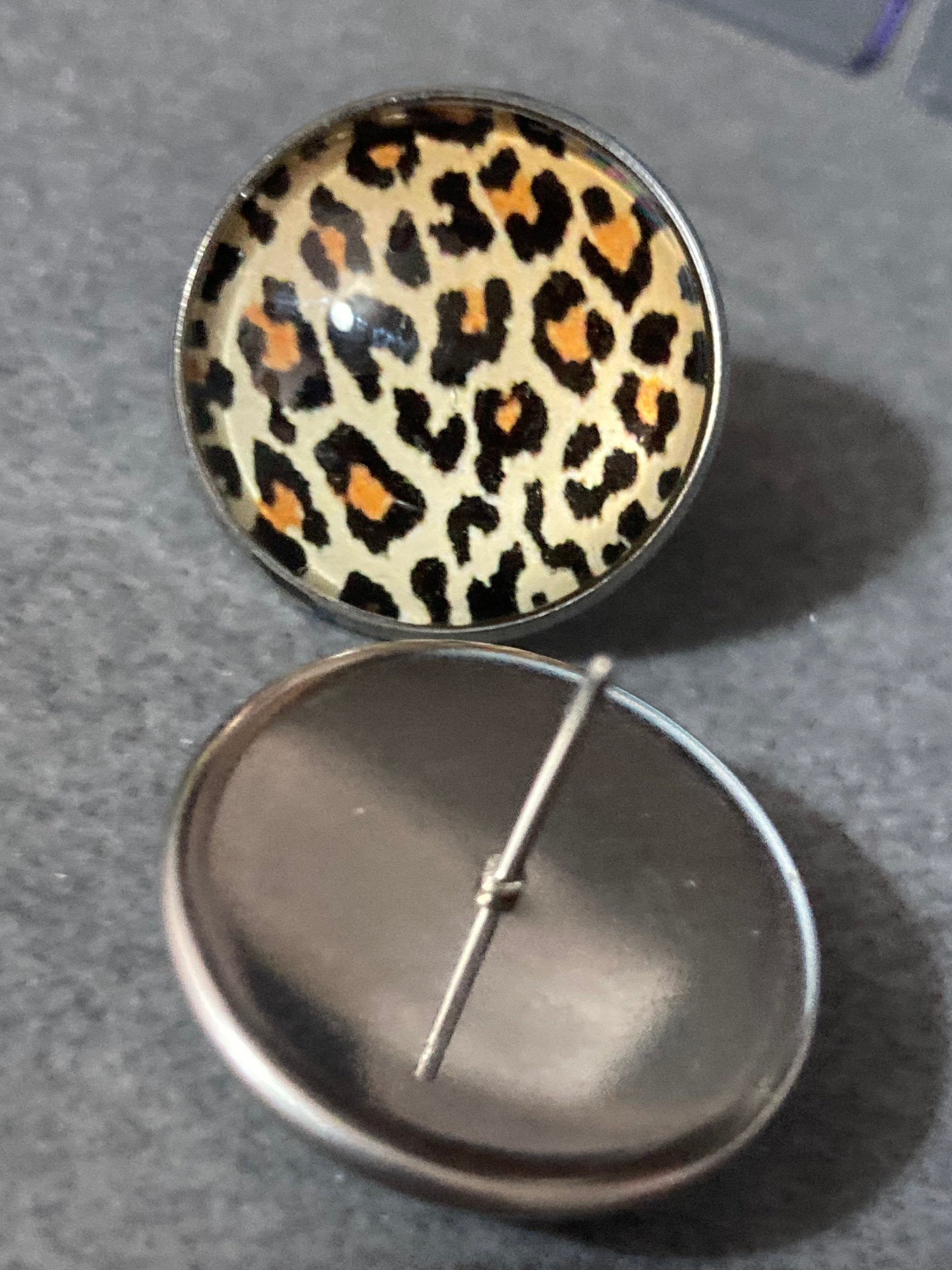 leopard print silver stud earrings stainless steel with glass cabochons 20mm