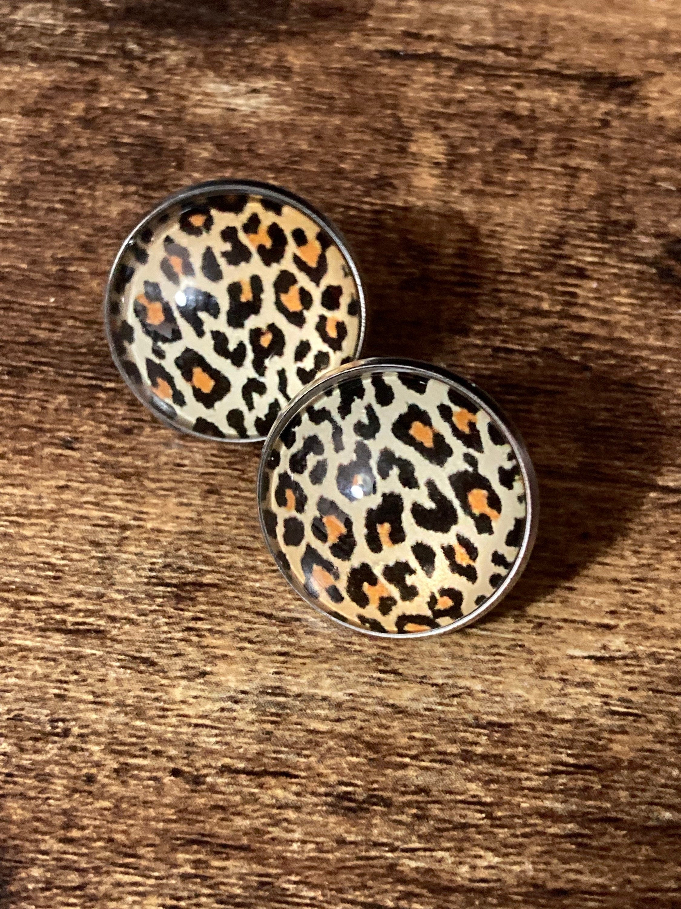 leopard print silver stud earrings stainless steel with glass cabochons 20mm