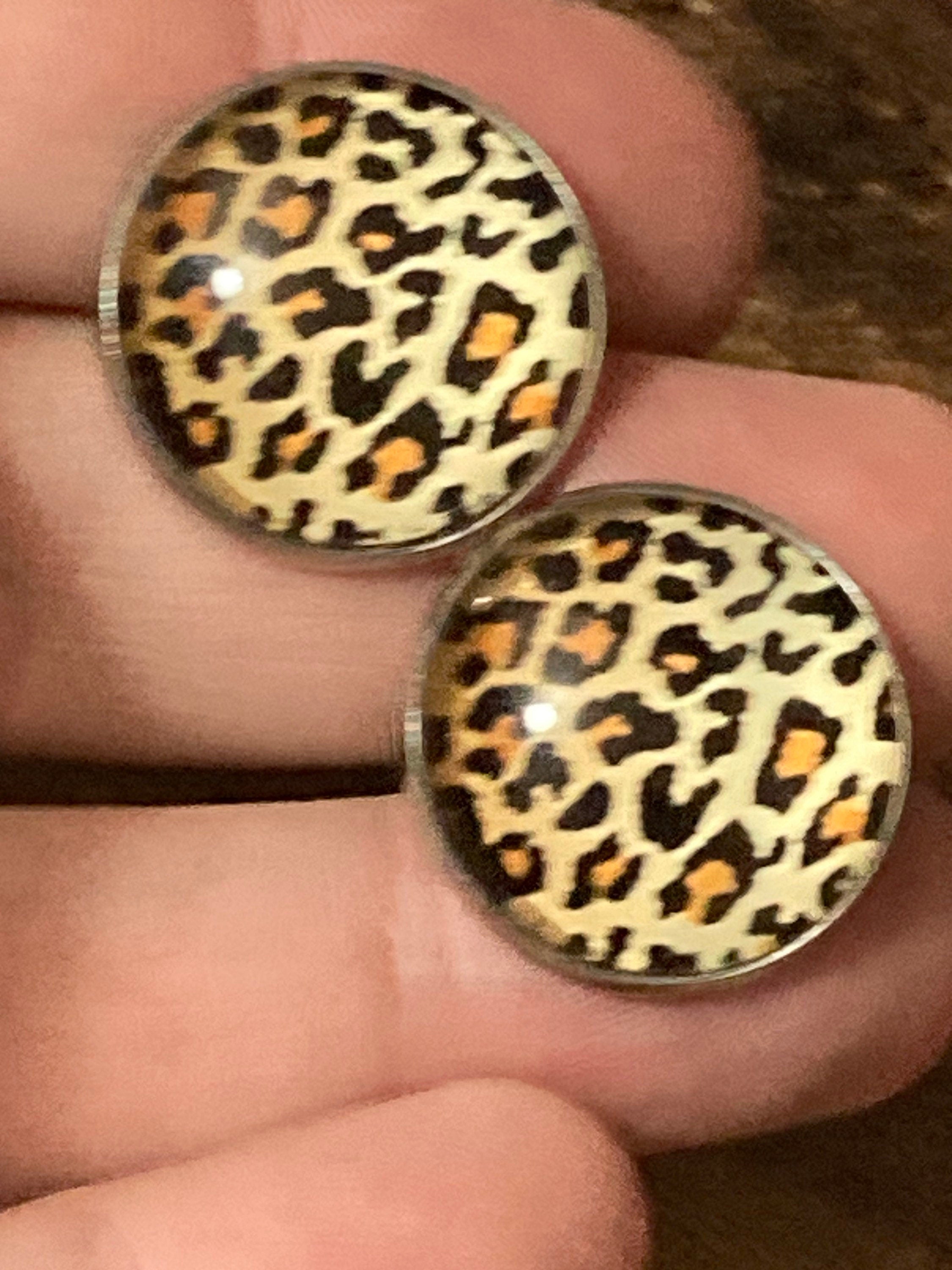 leopard print silver stud earrings stainless steel with glass cabochons 20mm