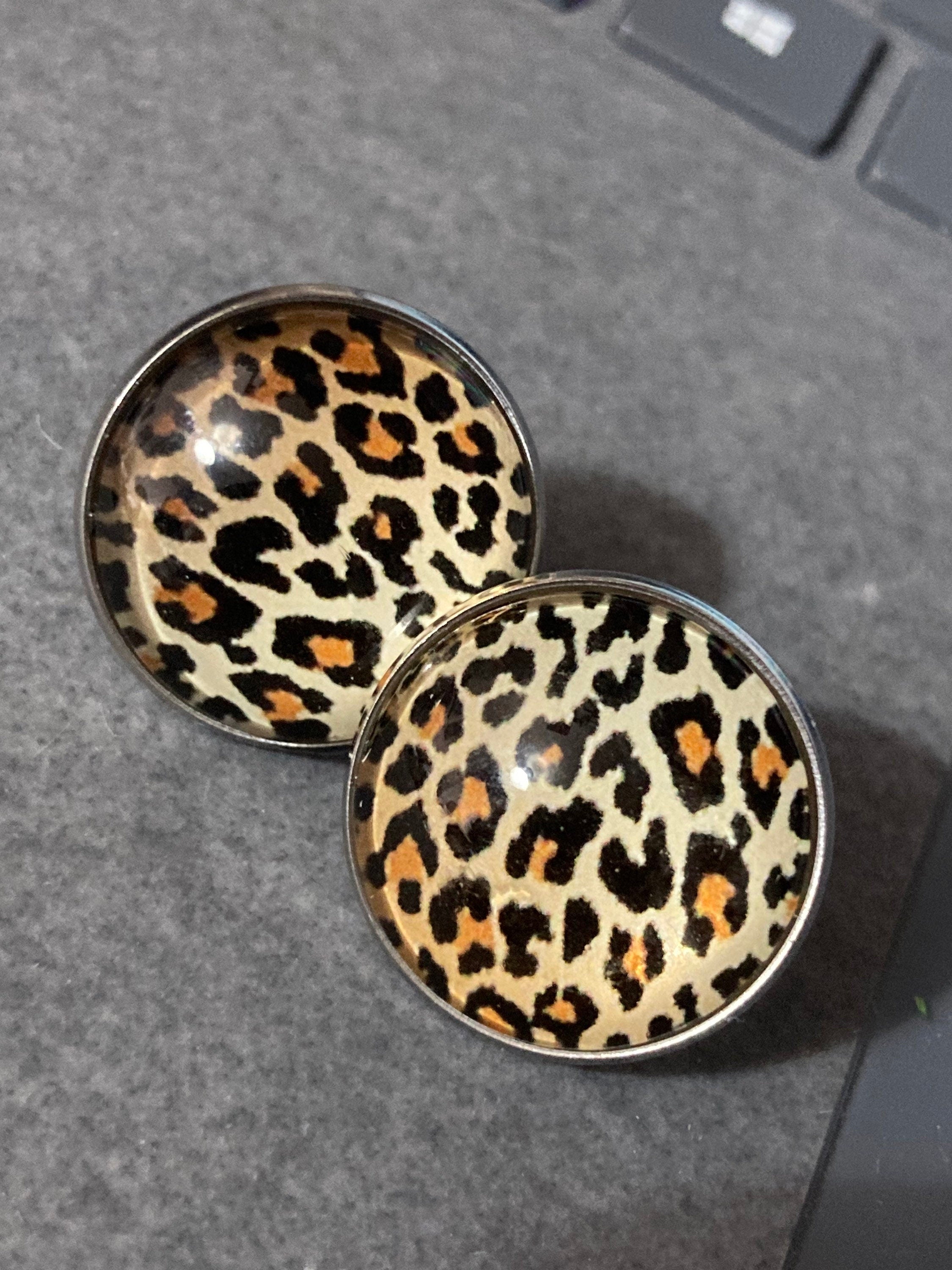 leopard print silver stud earrings stainless steel with glass cabochons 20mm