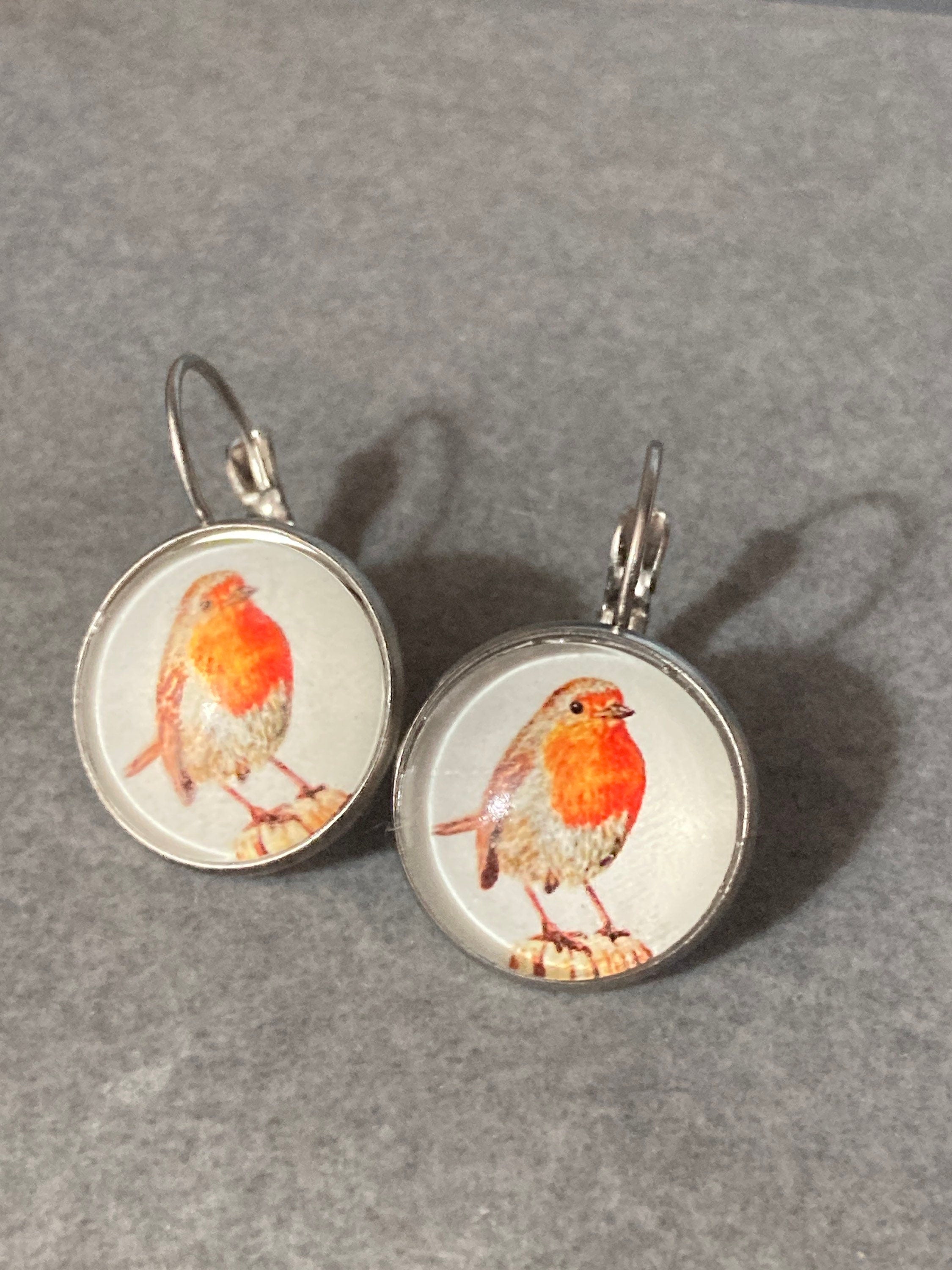16mm Garden bird Robin redbreast stainless steel drop earrings silver