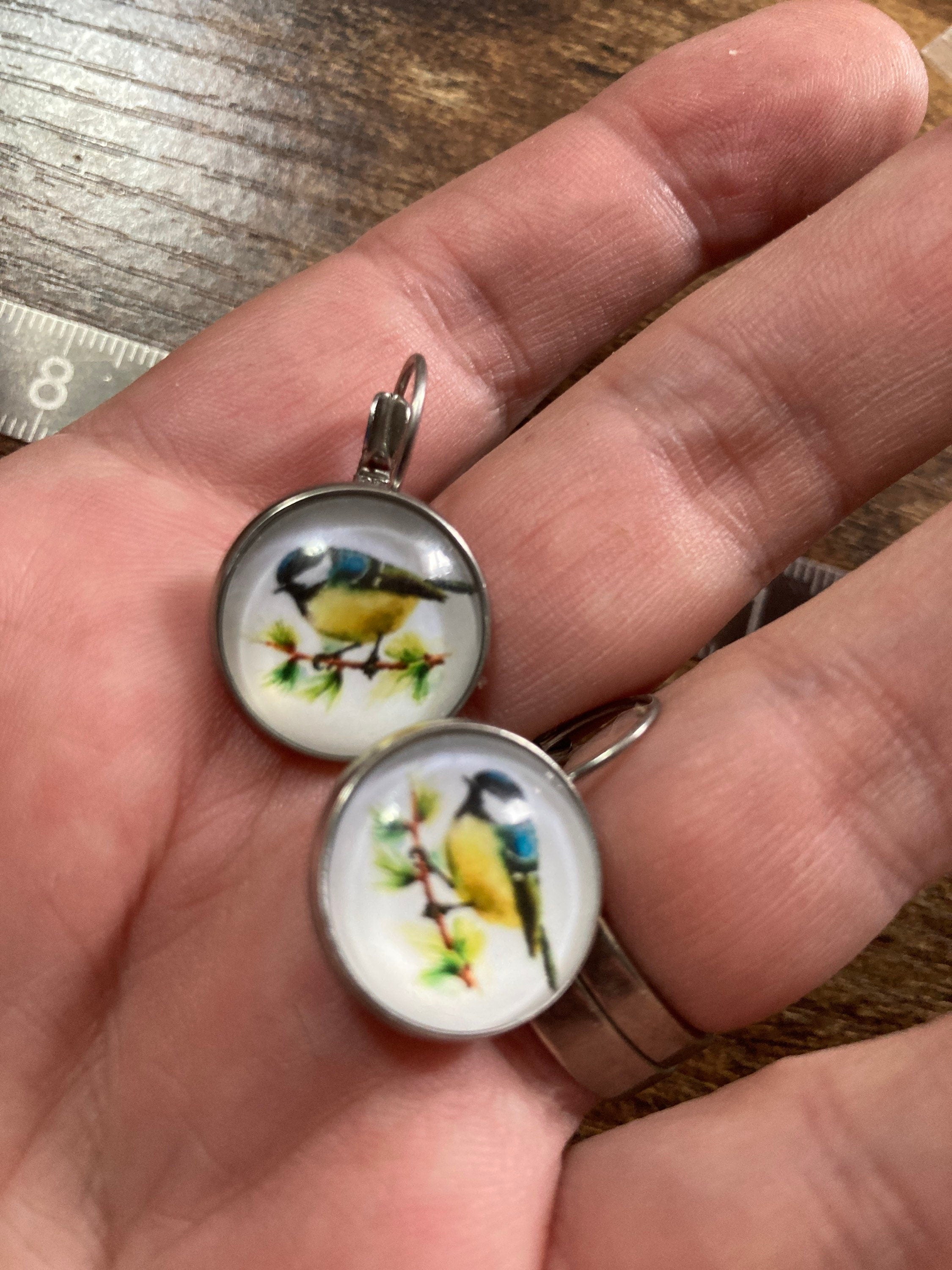 16mm Blue tit earrings glass cabochon Stainless steel garden birds drop earrings
