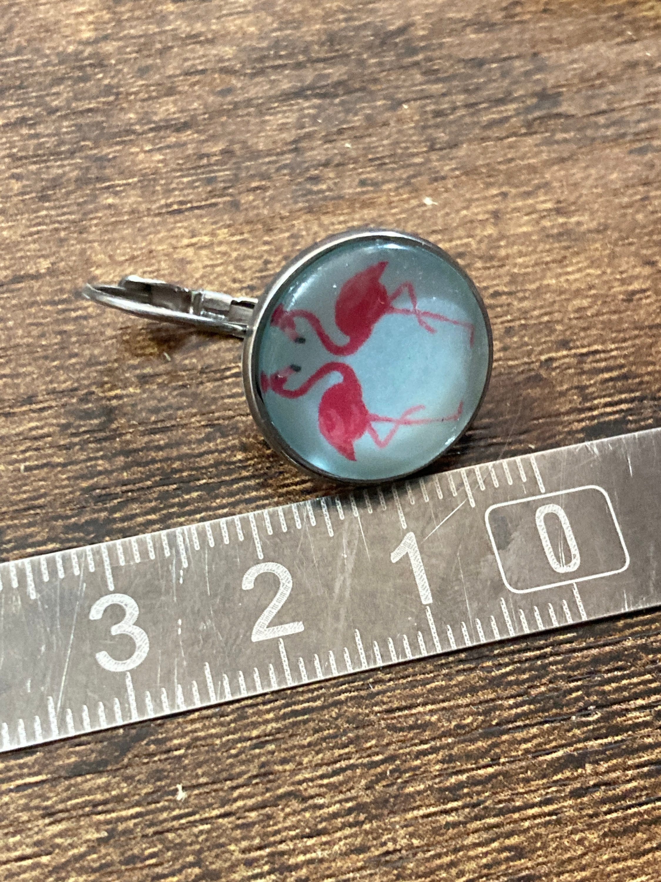 flamingo dangly earrings handmade stainless steel and glass cabochon