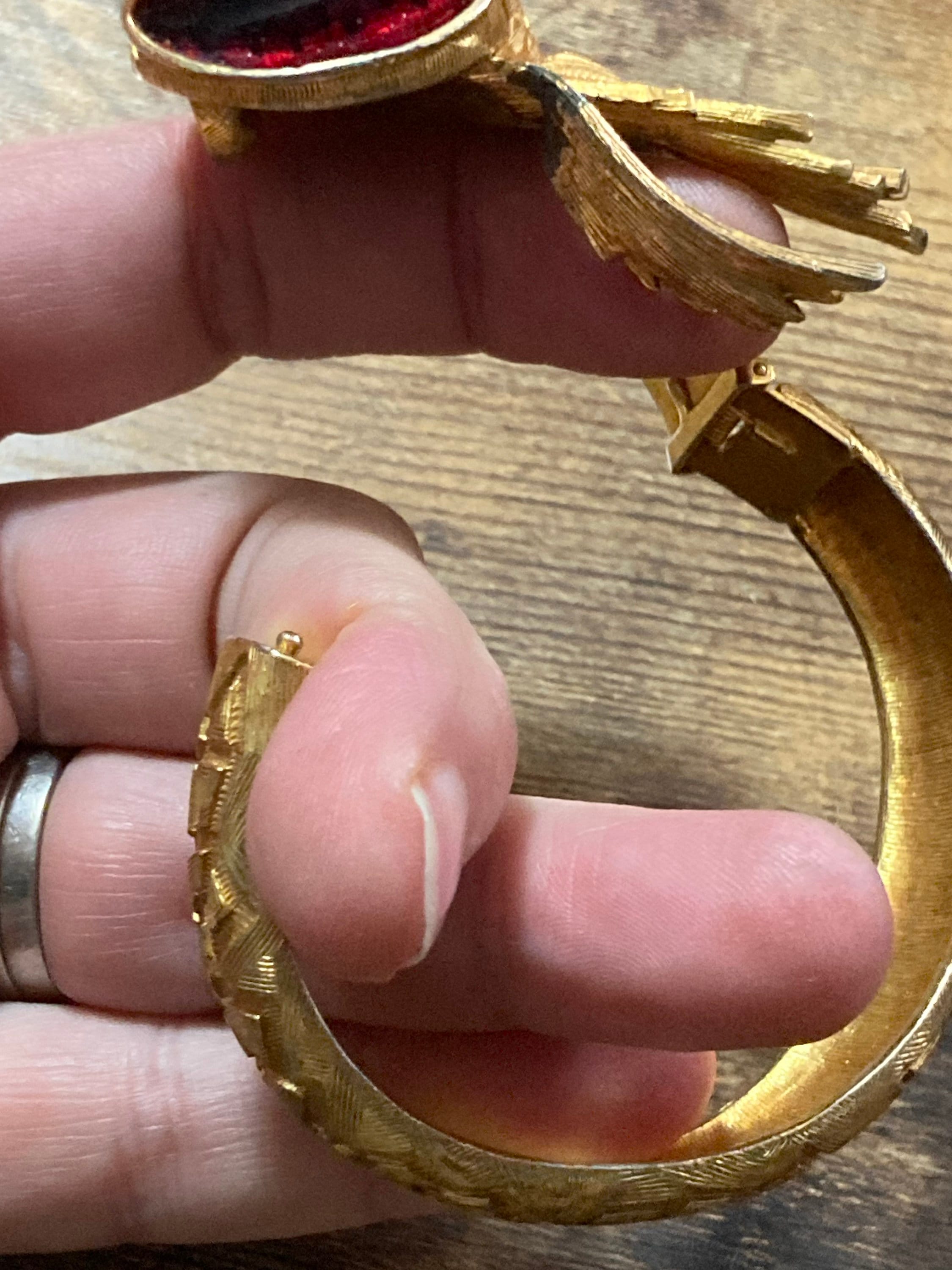 Vintage Chinese sea Serpent, snake Bangle: Red Enamel, Emerald Rhinestones