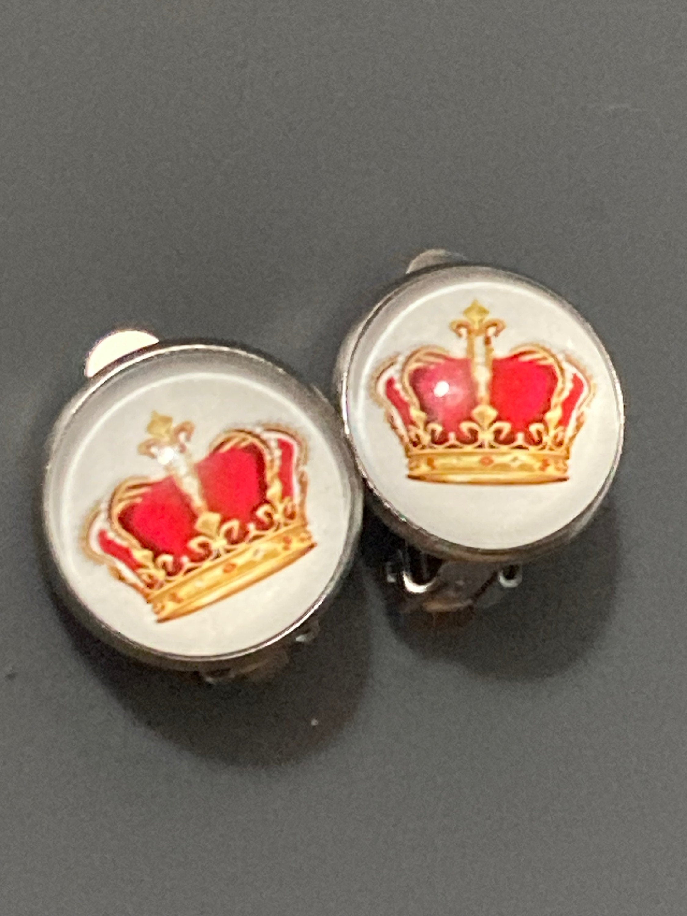 red and gold royal crown clip on earrings for girls stainless steel