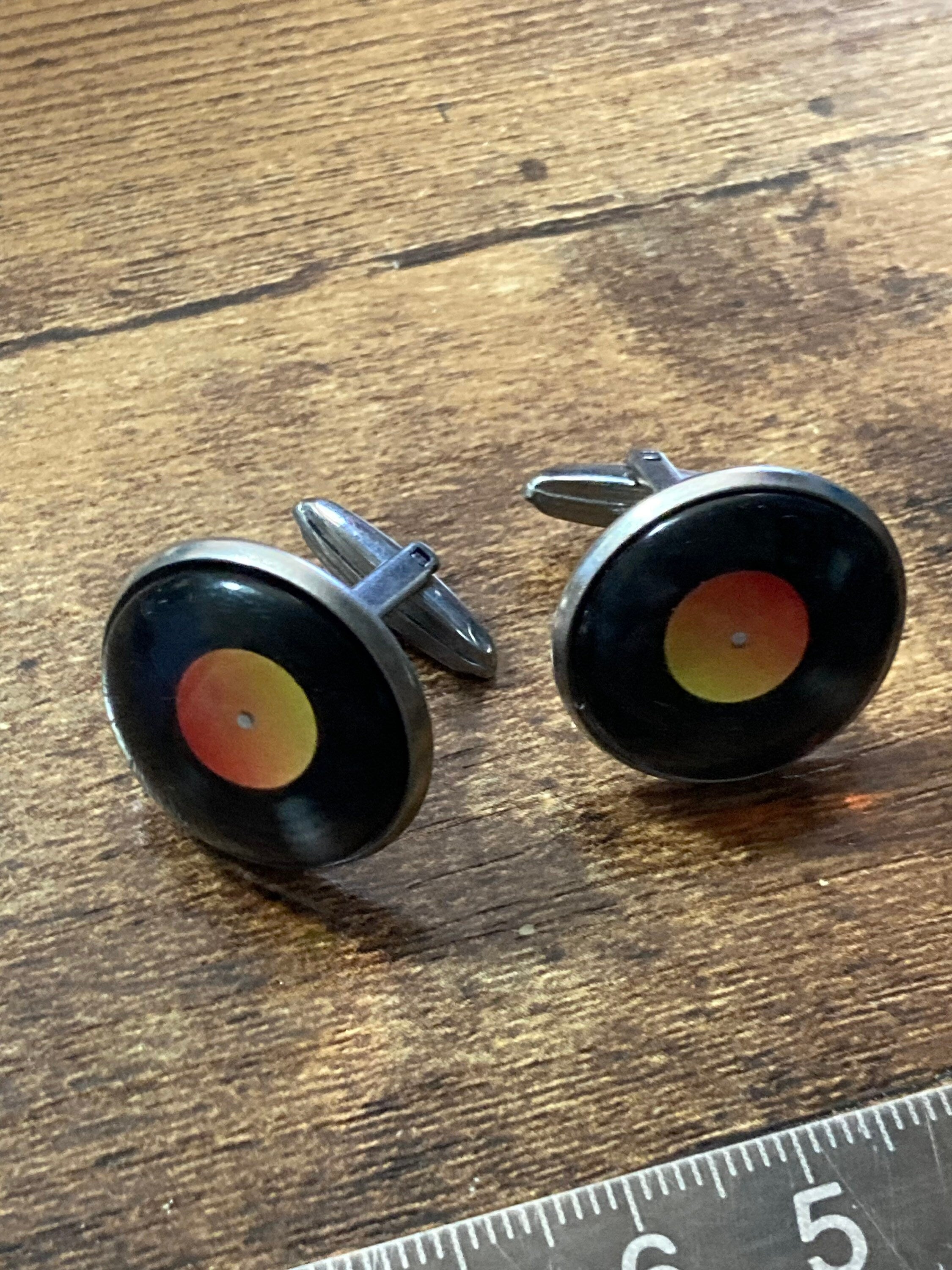 Vinyl record cufflinks 20mm Retro style Black orange gift for DJ