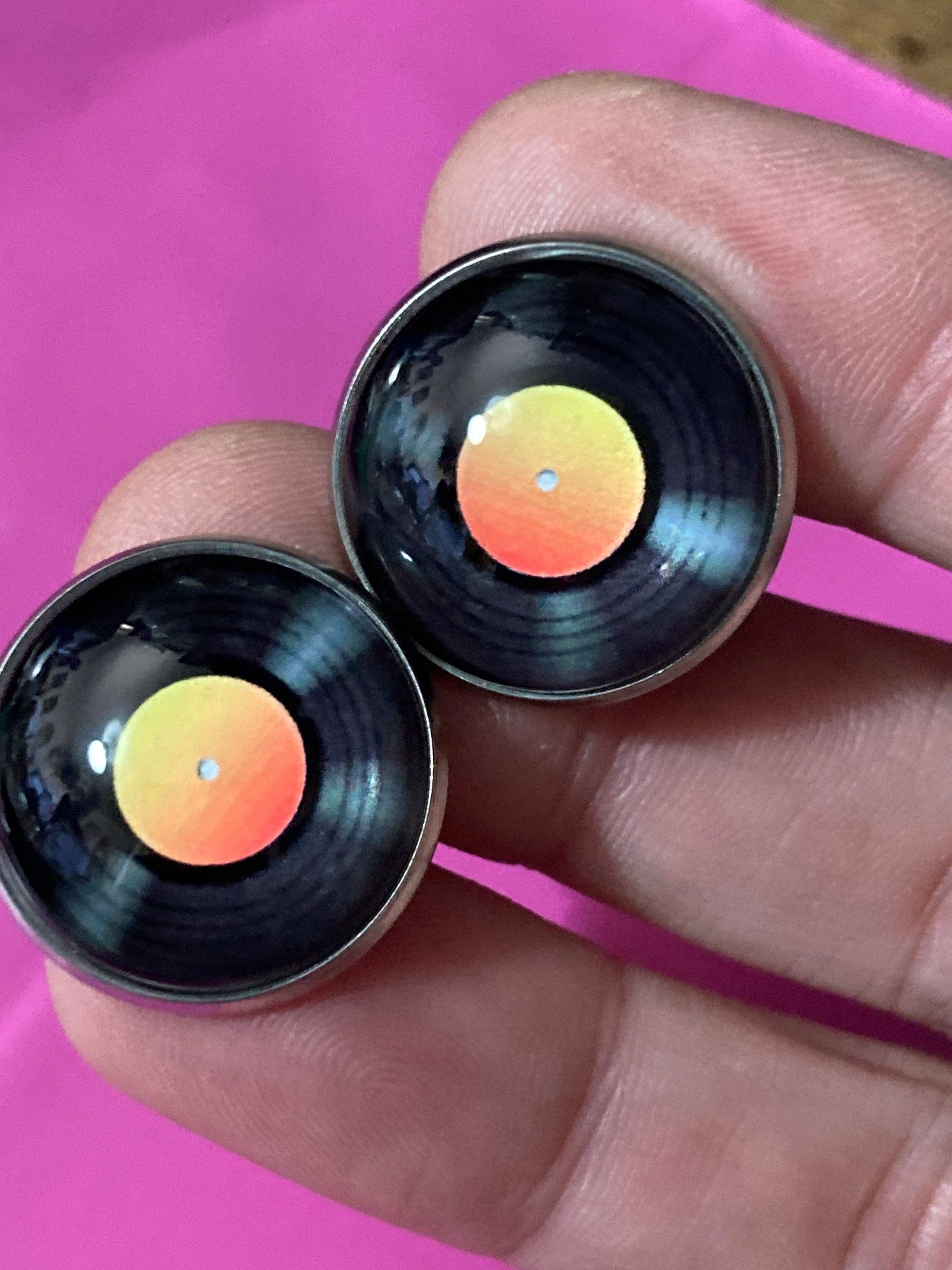 Vinyl record cufflinks 20mm Retro style Black orange gift for DJ