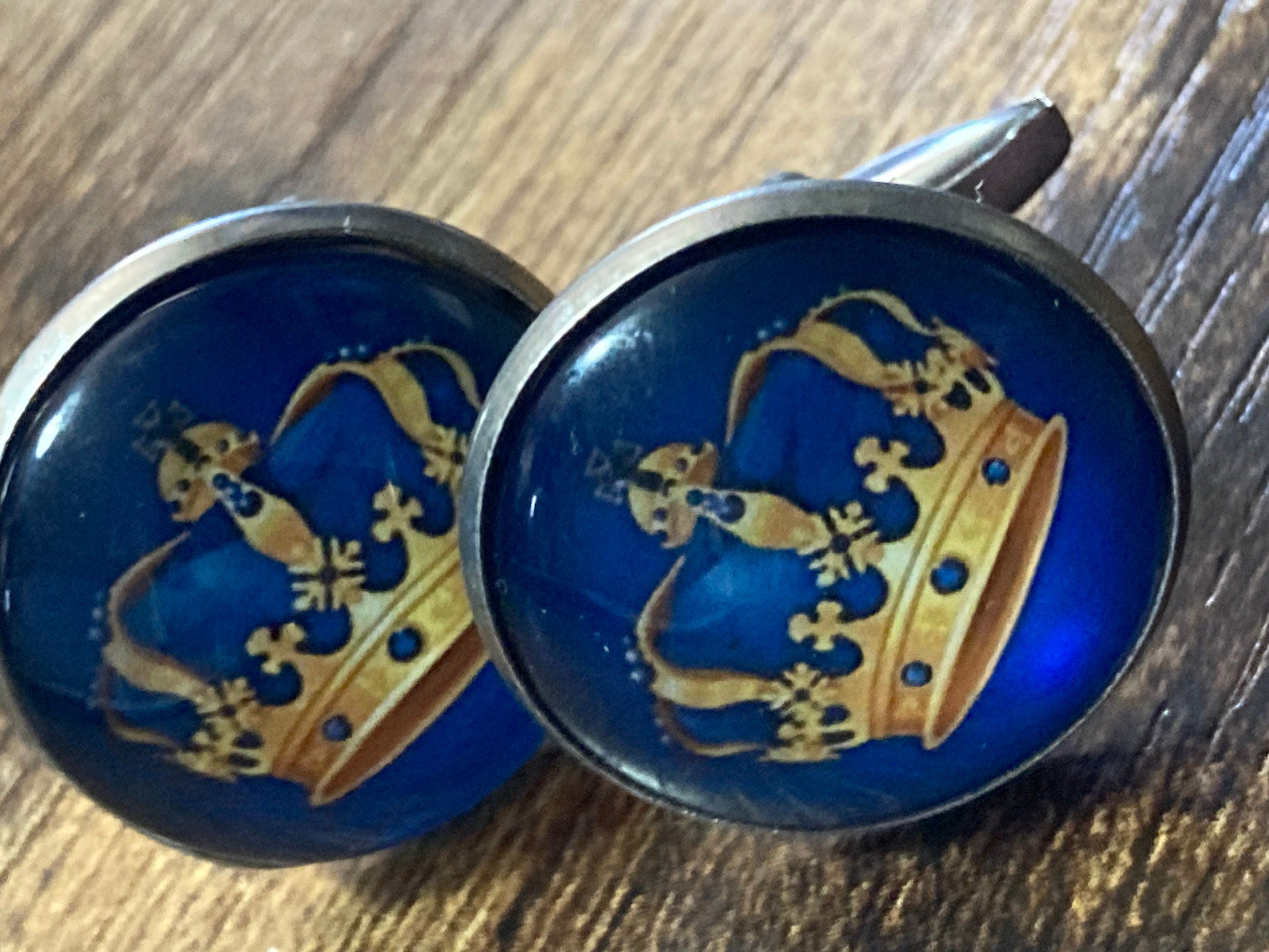 Regal golden crown cufflinks 20mm blue stainless steel