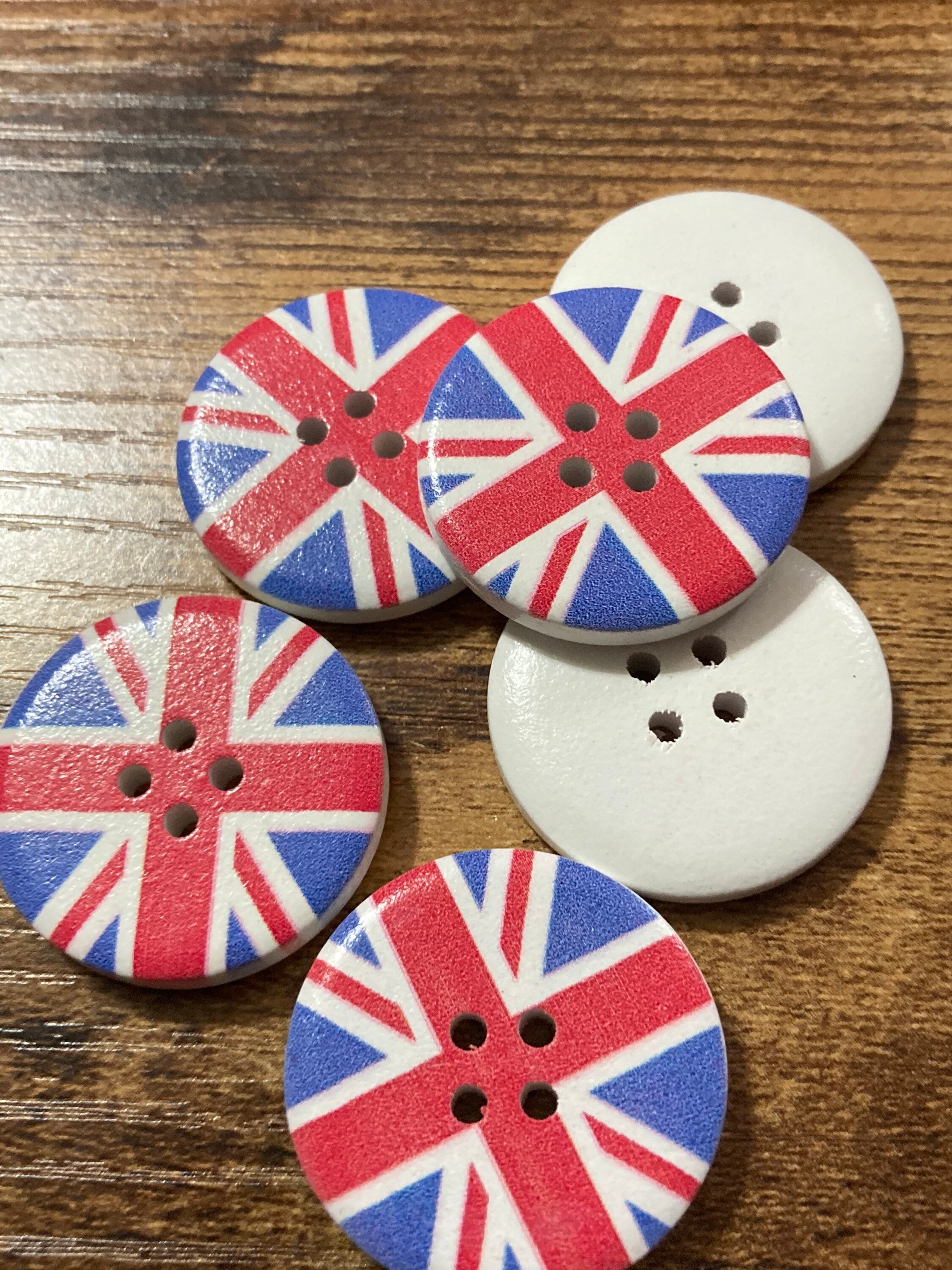 Set of 6 XL Union Jack Wooden Buttons: UK Flag, 30mm